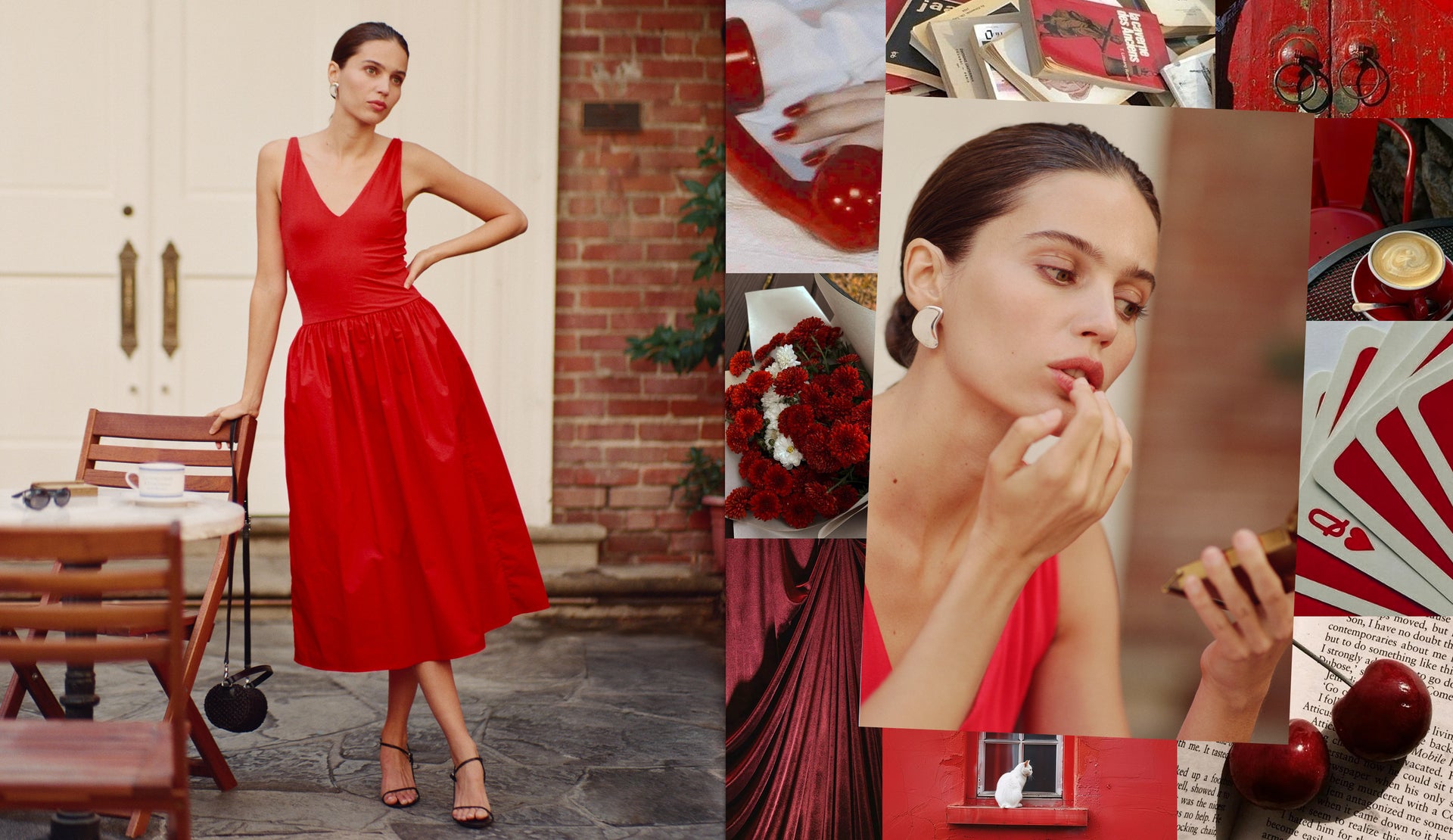 Woman in a red dress with close-up shots of red objects and a collage of images featuring red.