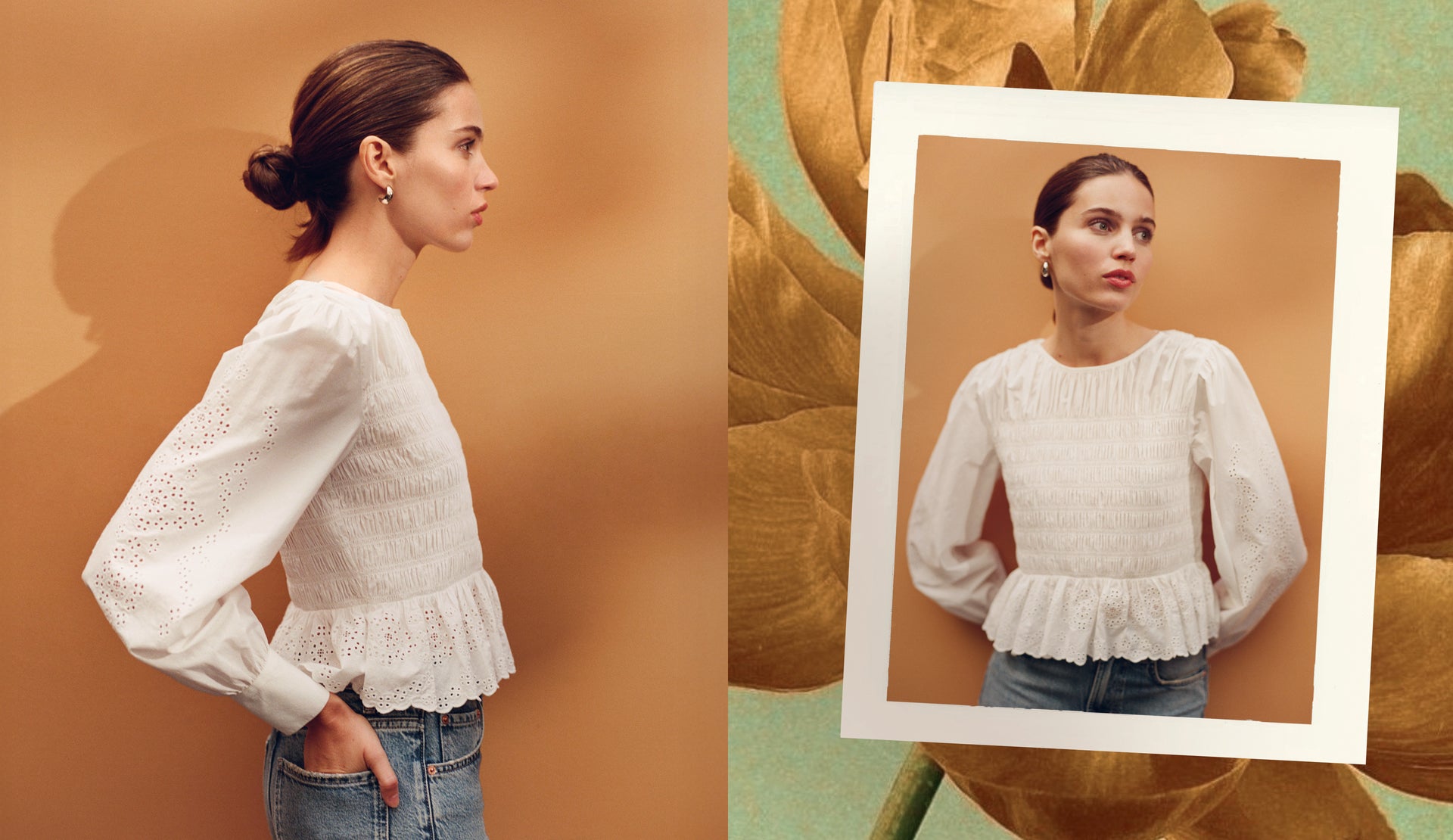 Woman wearing a white lace top with a side profile and front view against a brown background.