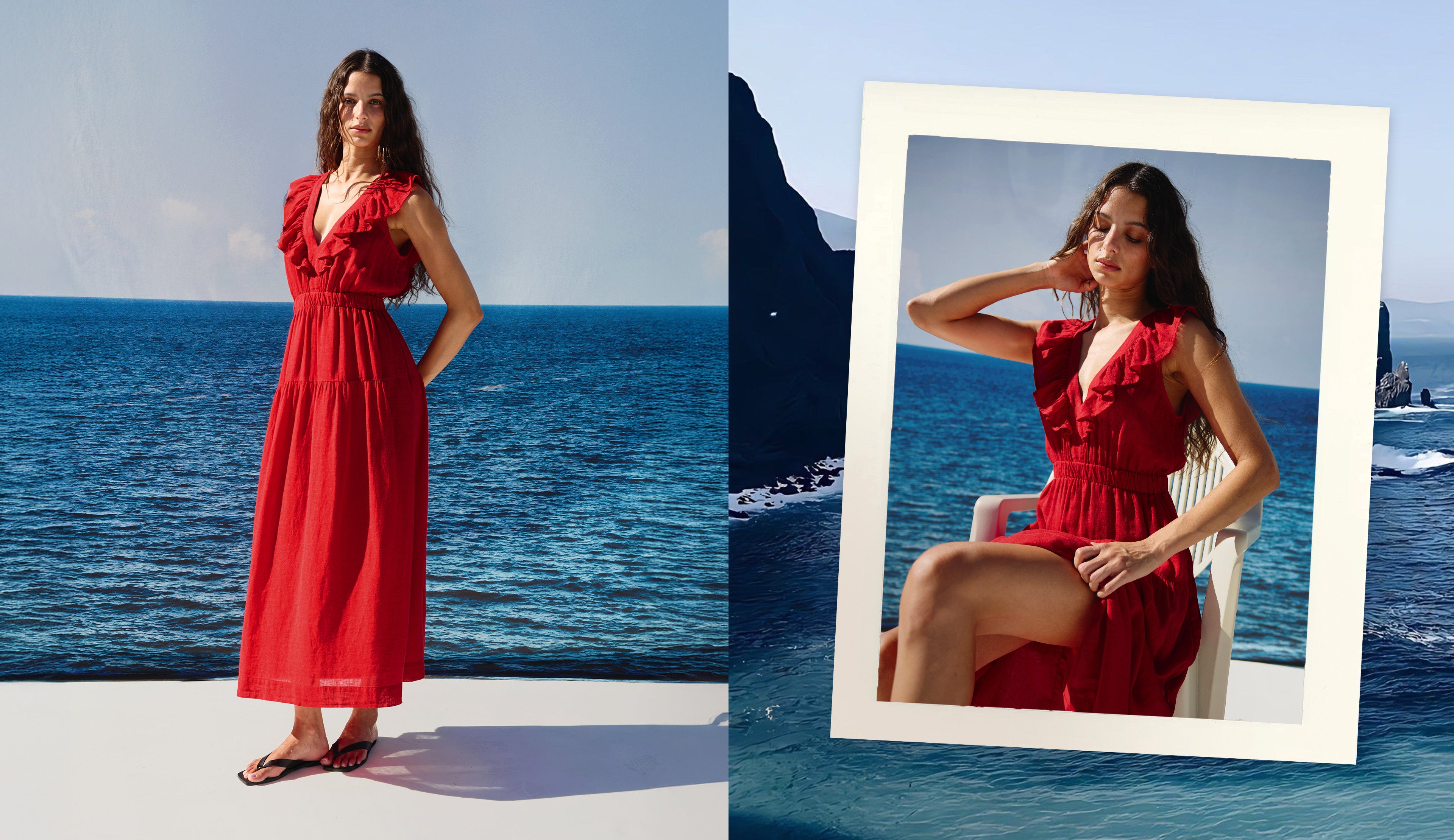 Woman in a red dress standing by the ocean with a polaroid-style inset.