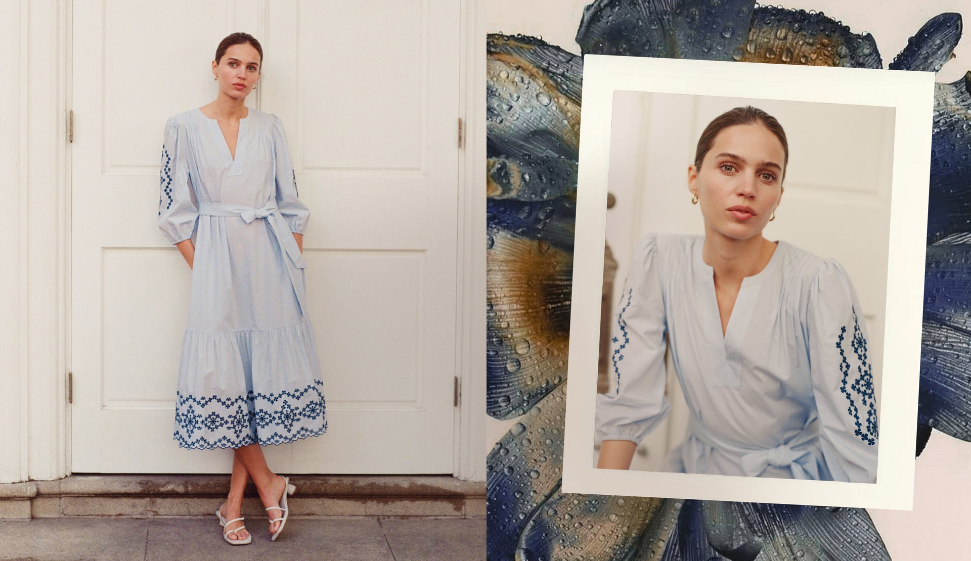 Two images of a woman modeling a light blue midi dress with navy embroidery.