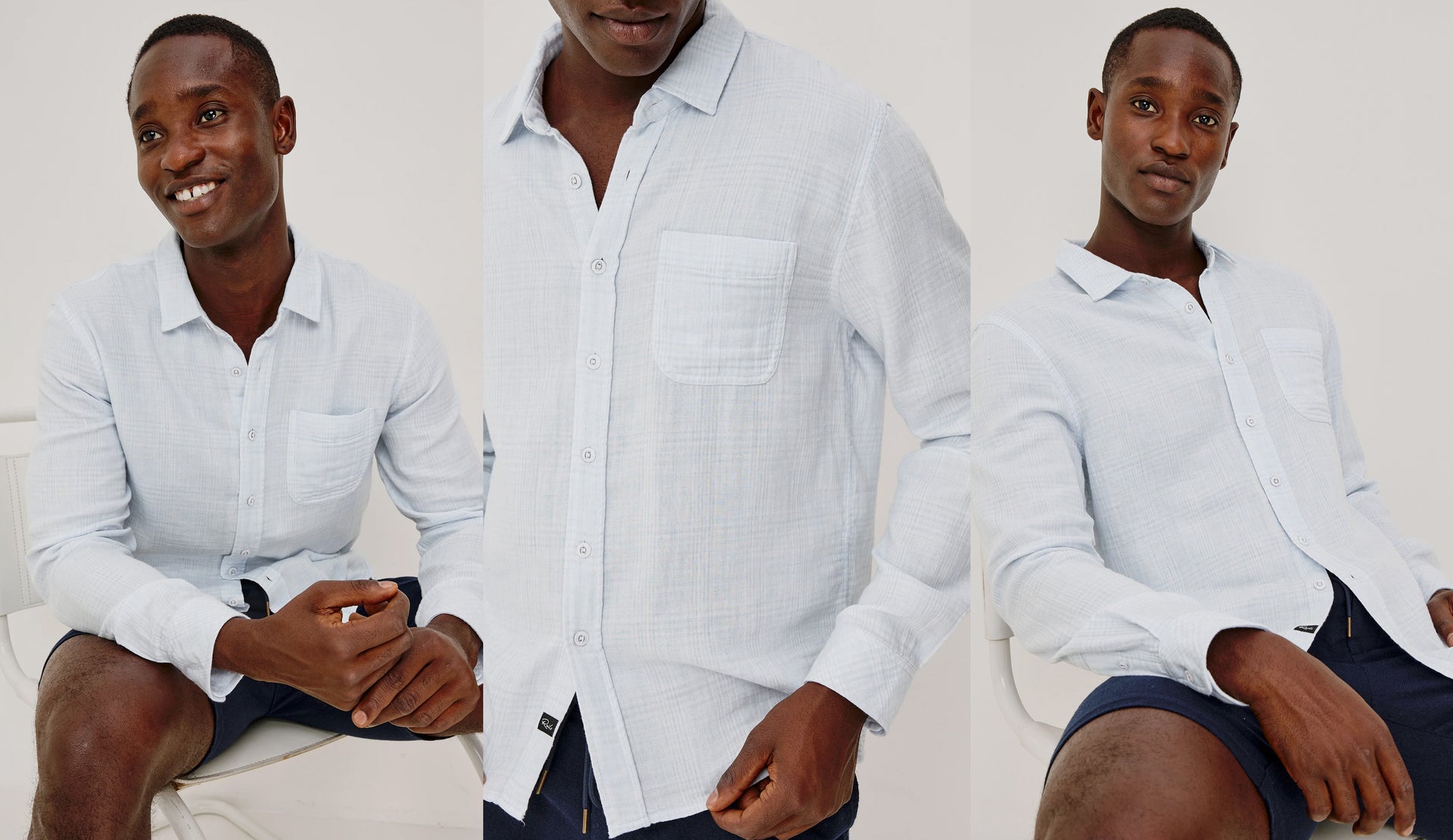 Three images of a man wearing a light blue shirt and blue shorts against a white background.