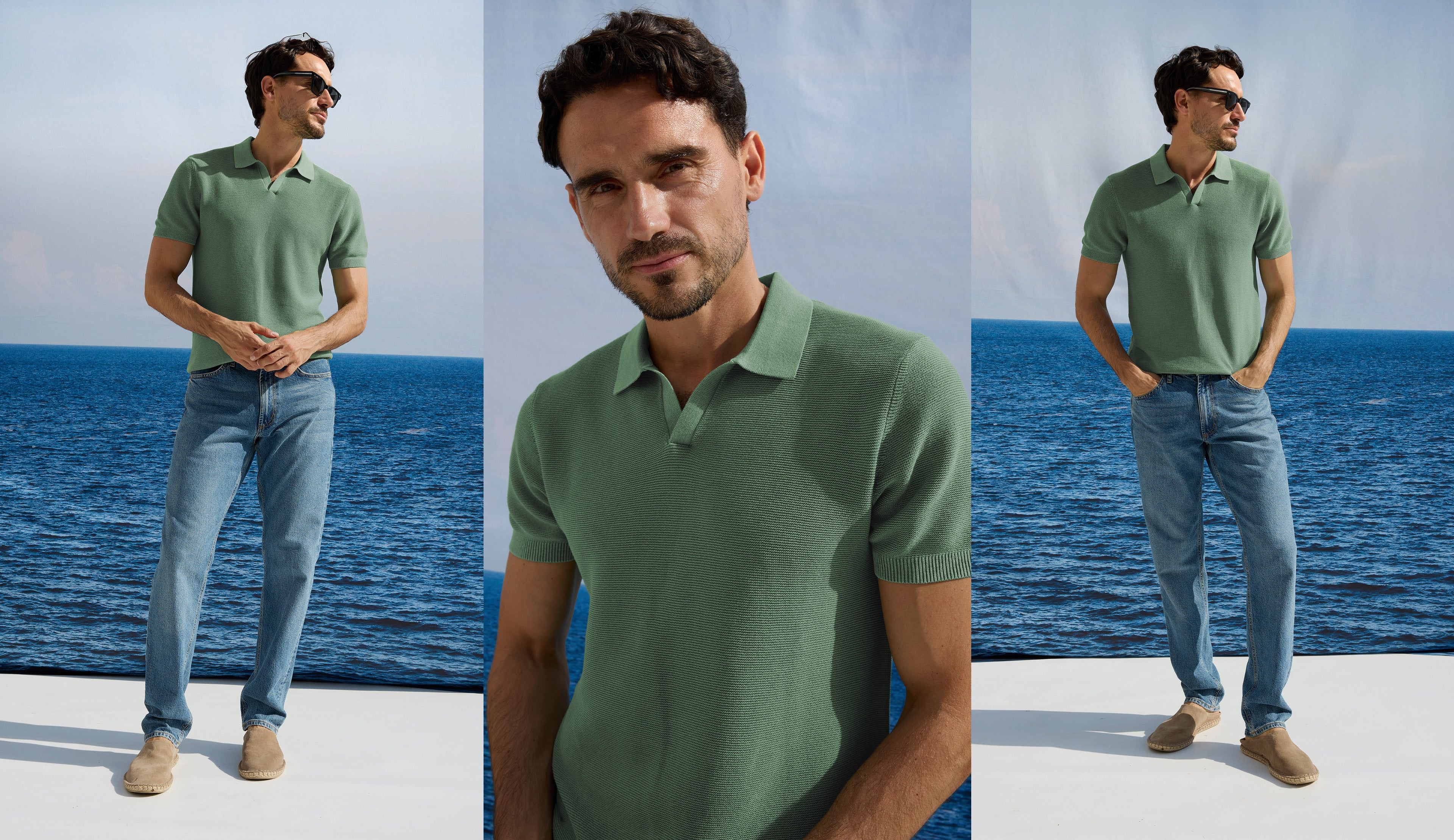 Man in a green shirt and blue jeans