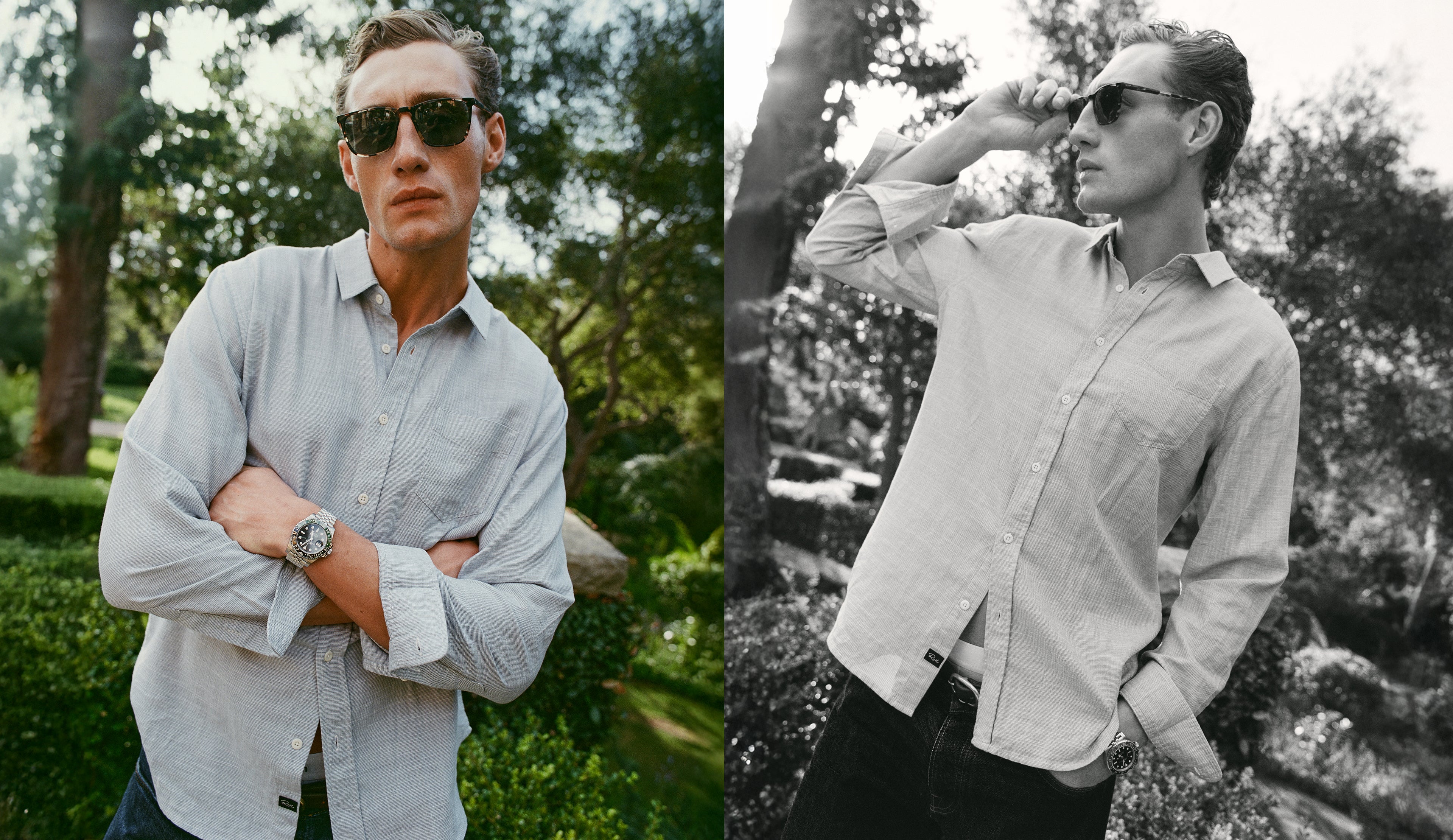 Side-by-side comparison of a man wearing sunglasses outdoors, one in color and one in black and white.
