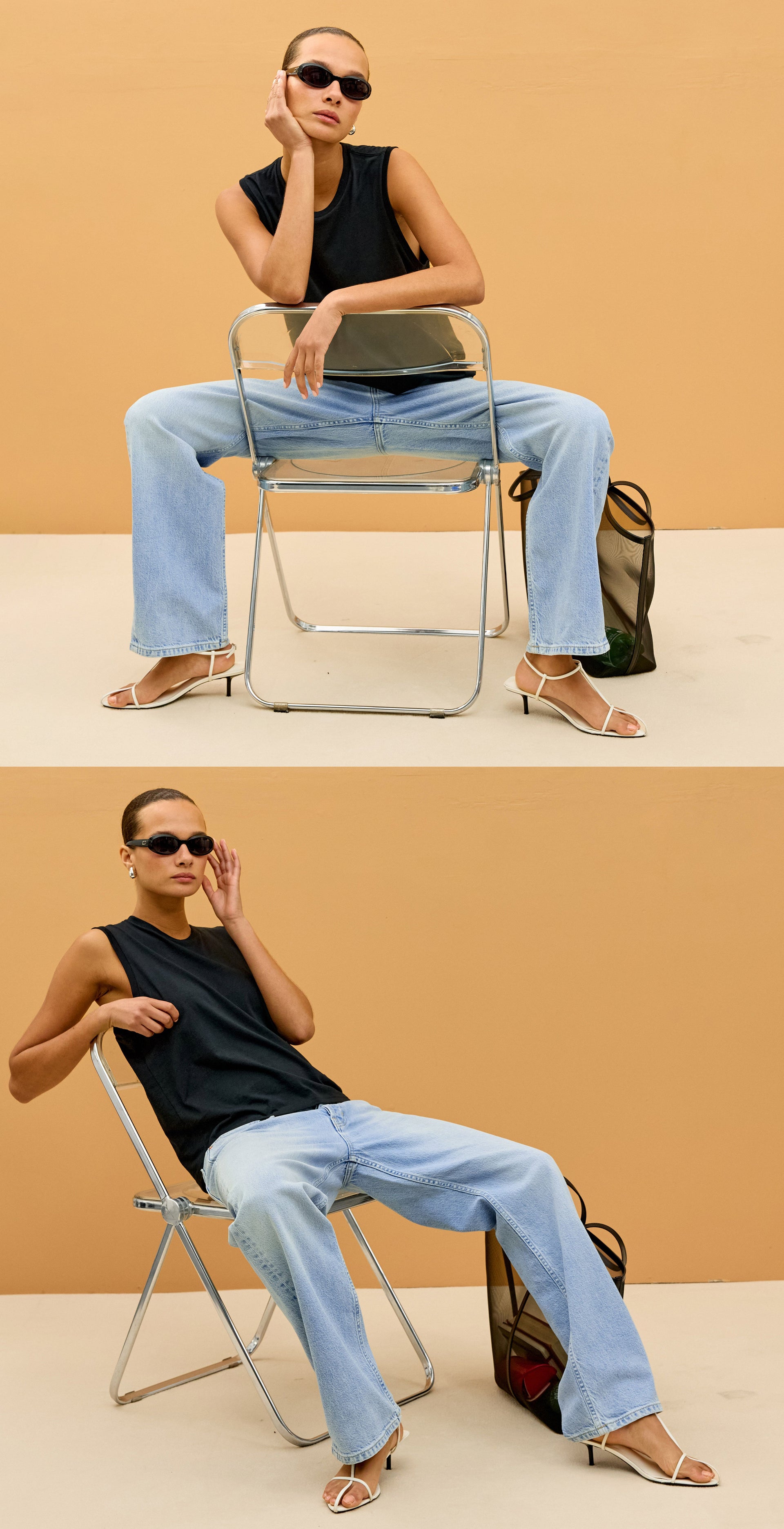 Woman sitting on a chair against a beige wall with a bag next to her.