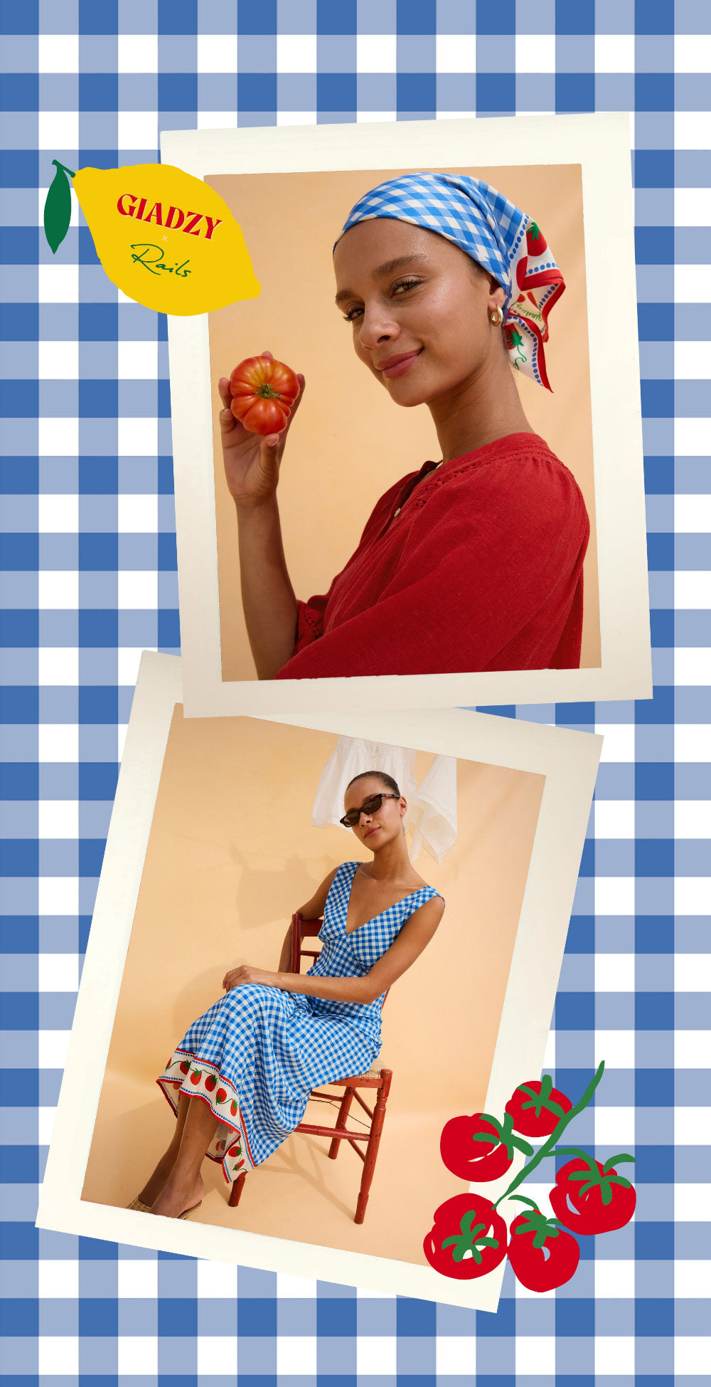 Woman in a blue checkered dress, framed by a checkered border with tomatoes.