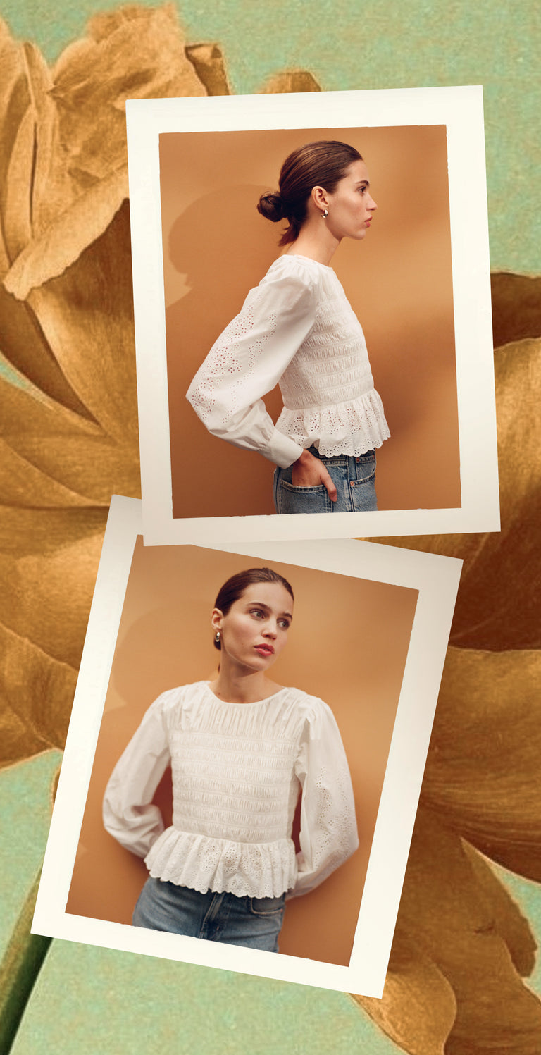 Woman wearing a white lace top with a side profile and front view against a brown background.