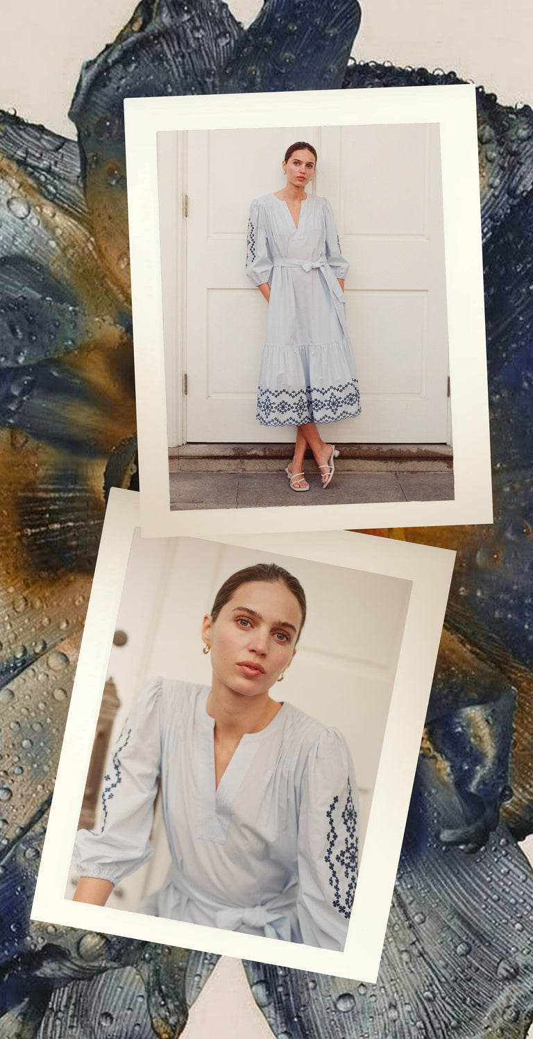 Two images of a woman modeling a light blue midi dress with navy embroidery.
