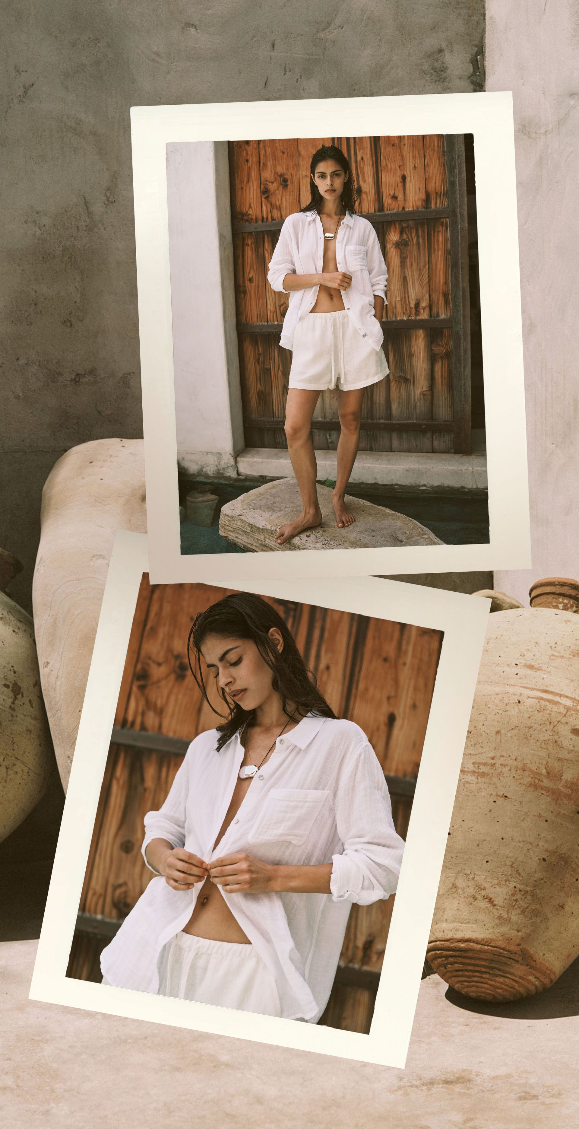 Woman wearing white gauze shirt with white linen shorts