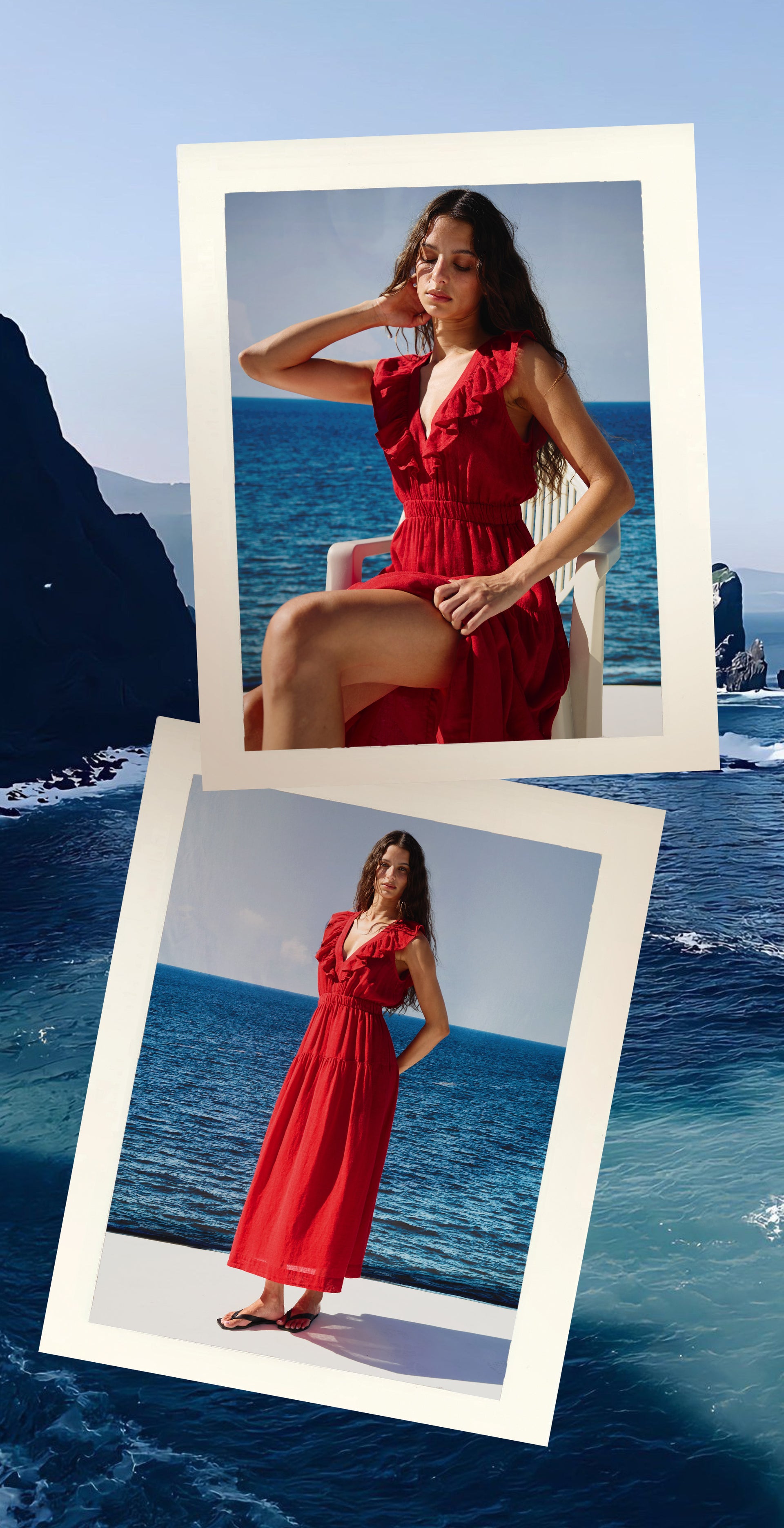 Woman in a red dress standing by the ocean with a polaroid-style inset.