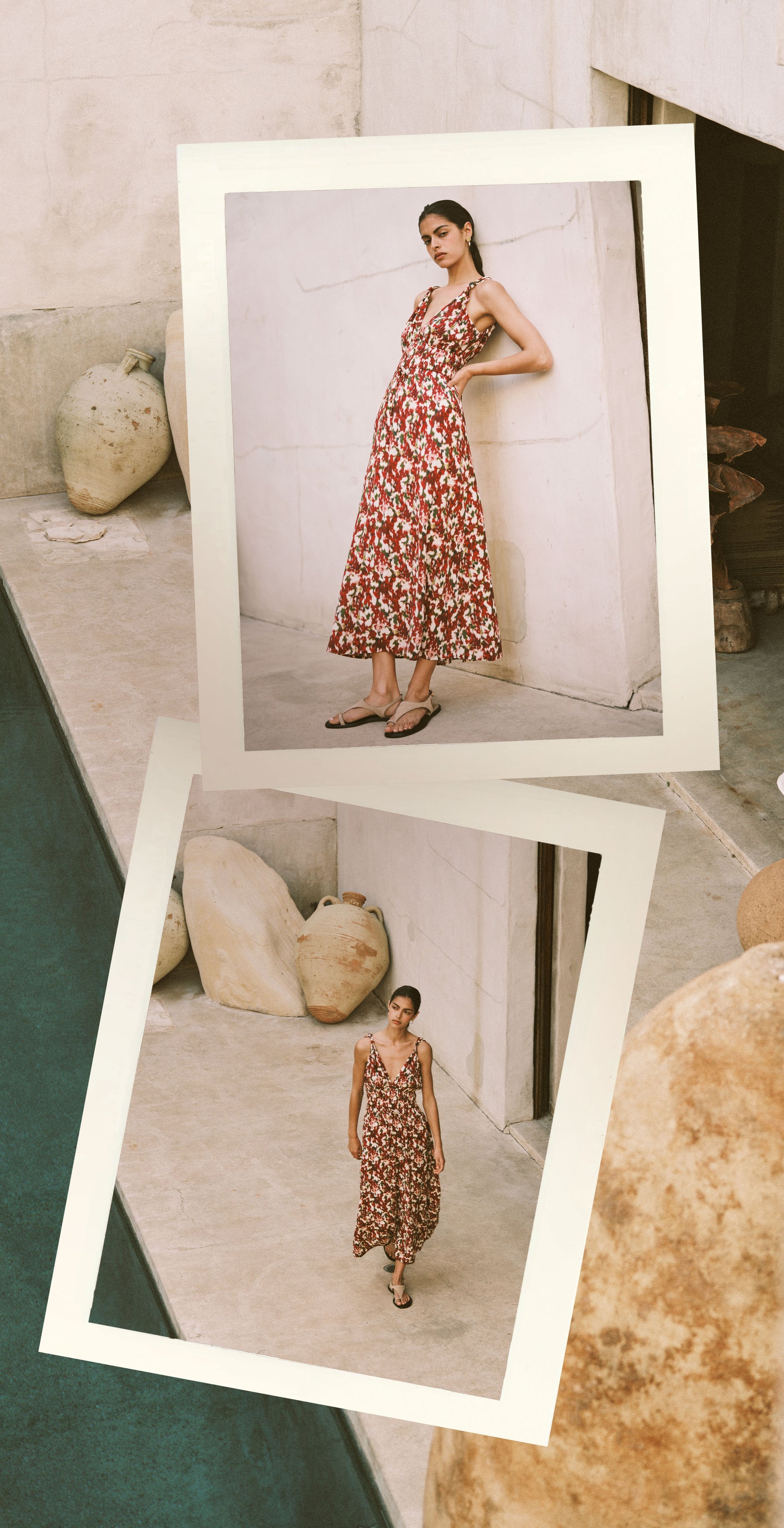 Woman in a floral dress standing next to a framed photo of herself in the same dress.