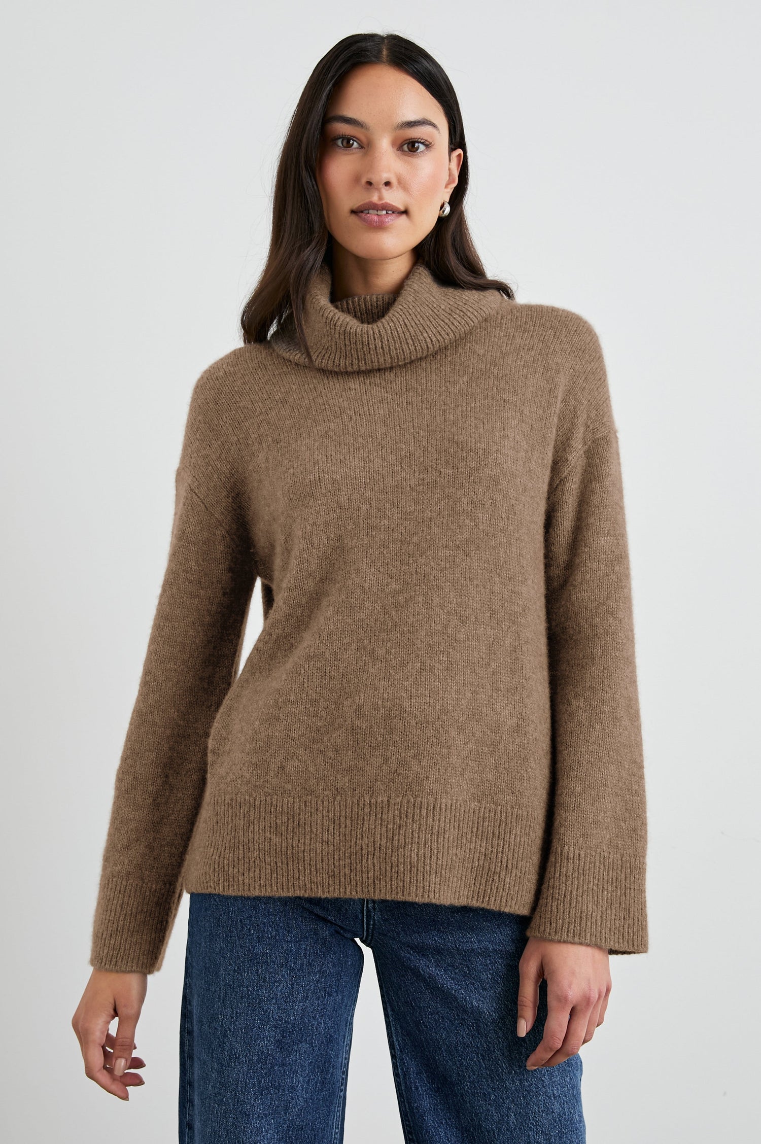 Nadine Long-Sleeve Sweater with a Roll Neck and Ribbed Trim in Oatmeal Colorway - Front View Featured on Model 