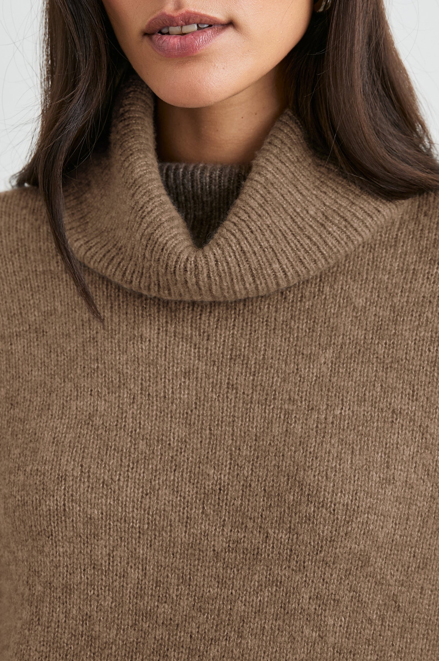 Nadine Long-Sleeve Sweater with a Roll Neck and Ribbed Trim in Oatmeal Colorway - Front View Featured on Model 