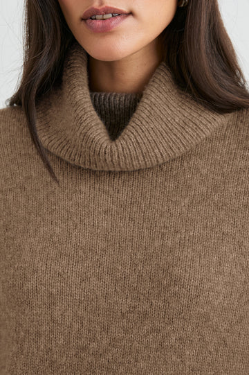 Nadine Long-Sleeve Sweater with a Roll Neck and Ribbed Trim in Oatmeal Colorway - Front View Featured on Model 