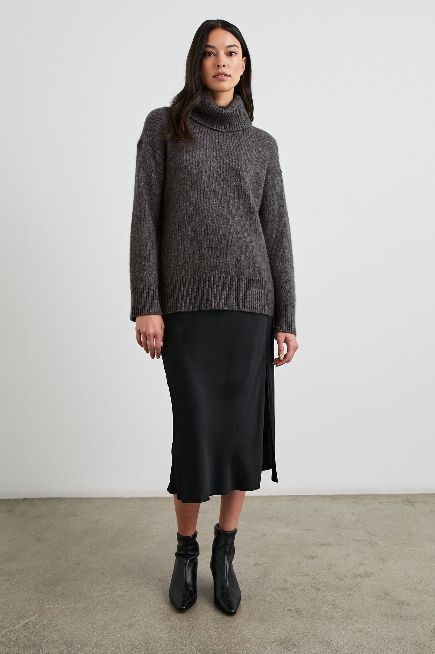 Nadine Long-Sleeve Sweater with a Roll Neck and Ribbed Trim in Thunder Colorway - Front Full Body View Featured on Model 