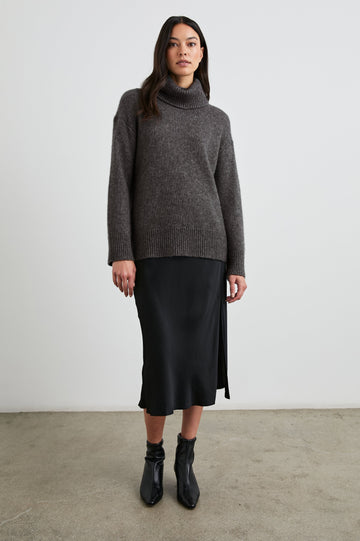 Nadine Long-Sleeve Sweater with a Roll Neck and Ribbed Trim in Thunder Colorway - Front Full Body View Featured on Model 