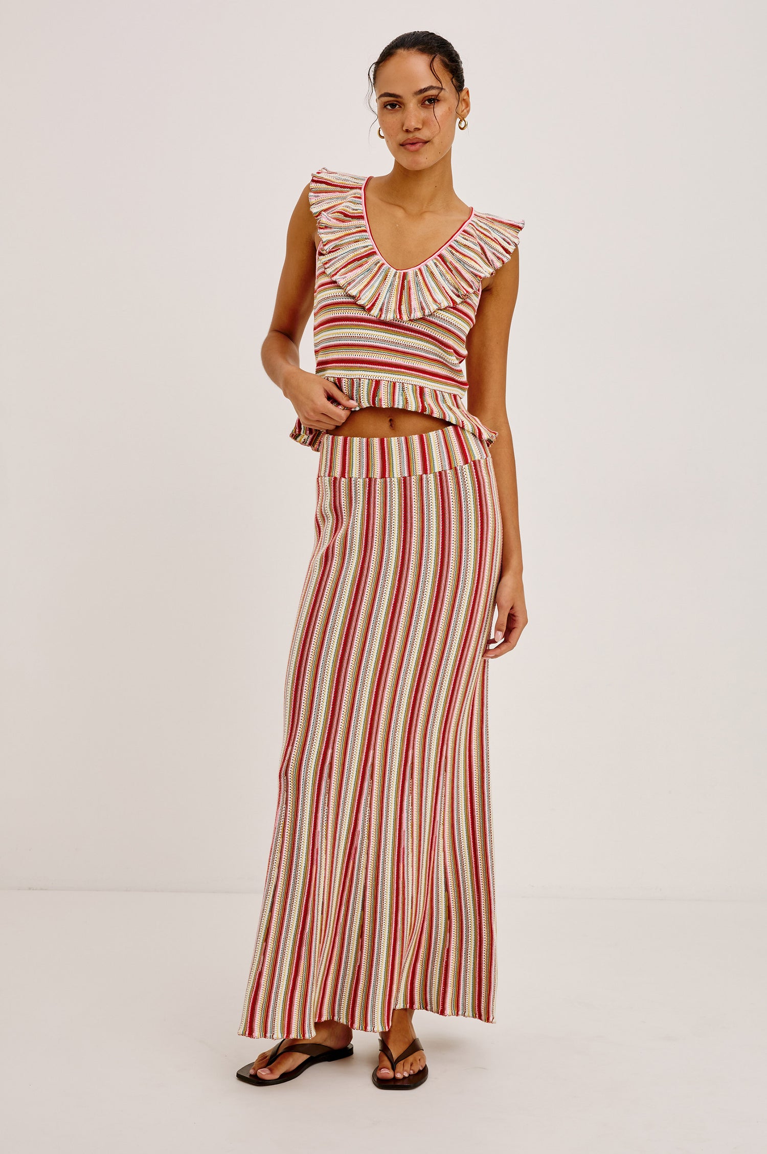 Nari Maxi Skirt in Cotton Knit With High-Rise Stretch Waistband and Trumpet Silhouette in Havana Stripe - Full Body Front View Featured on Model
