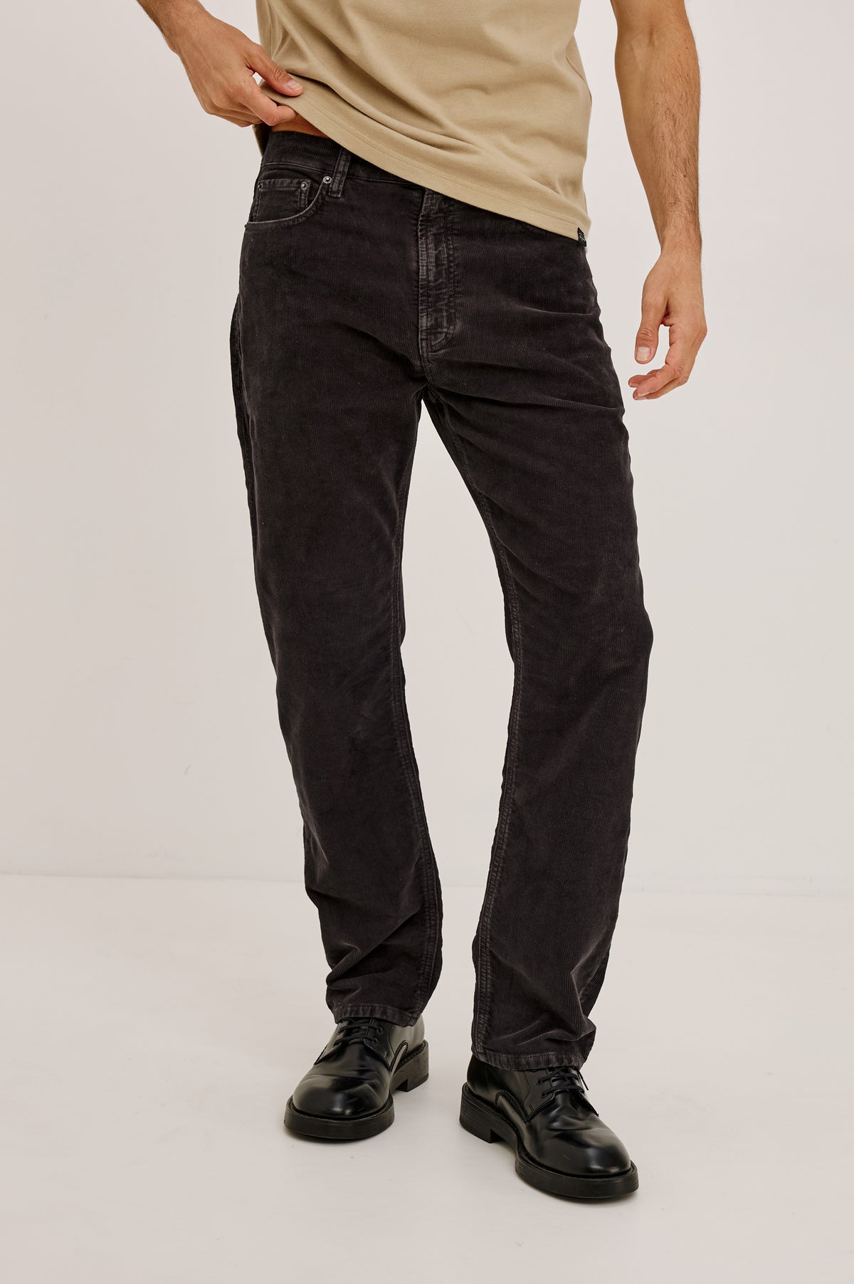 Nash Jean Straight Leg in Rigid Denim With Vintage-Inspired Button Fly and 5-Pocket Styling in Phantom Colorway - Lower Body Front View Featured on Model