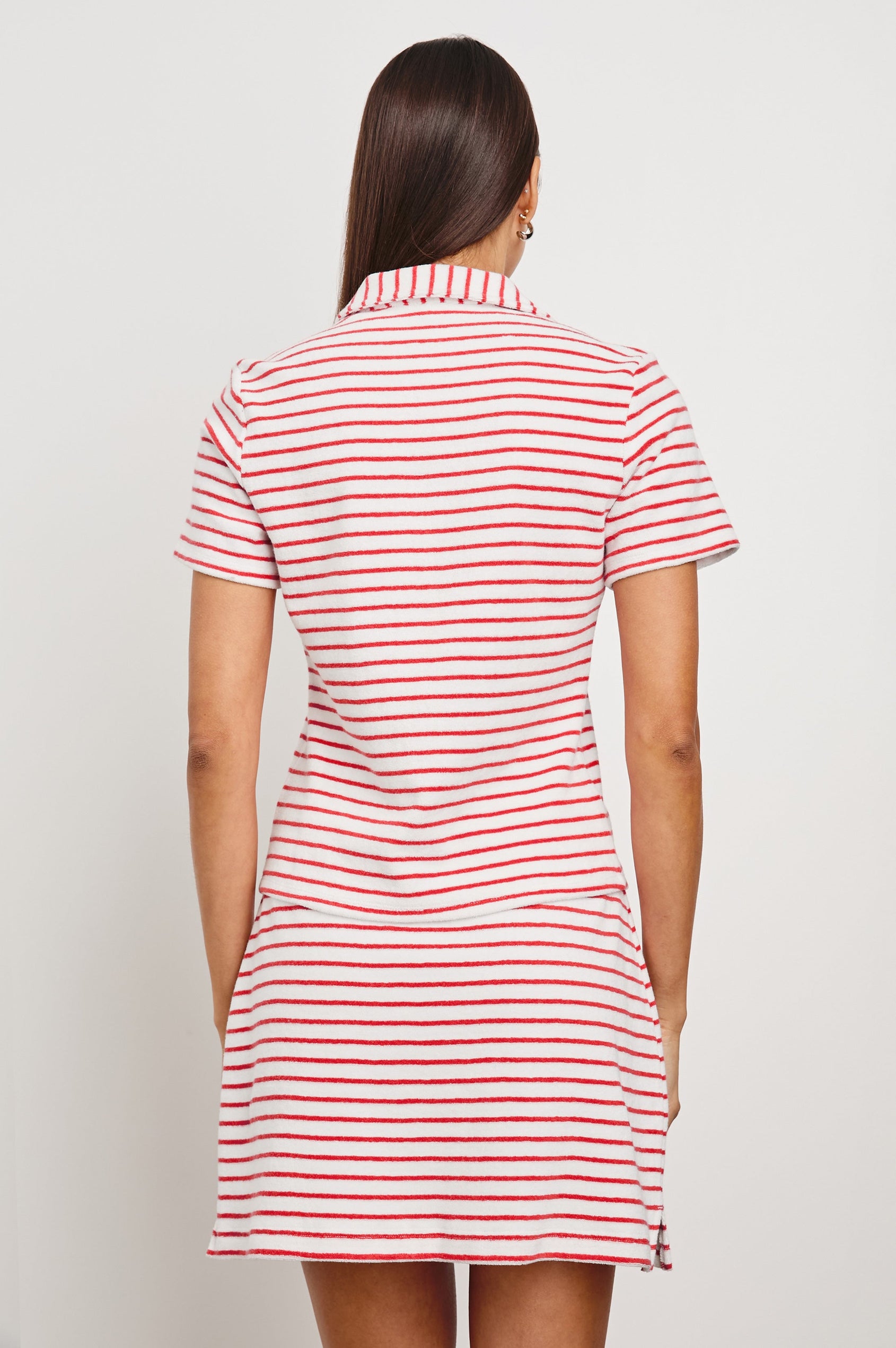 Naveli Court Polo with a Button-Up Placket in Cherry Stripe Colorway, Cherry and White Horizontal Stripes - Back View Featured on Model