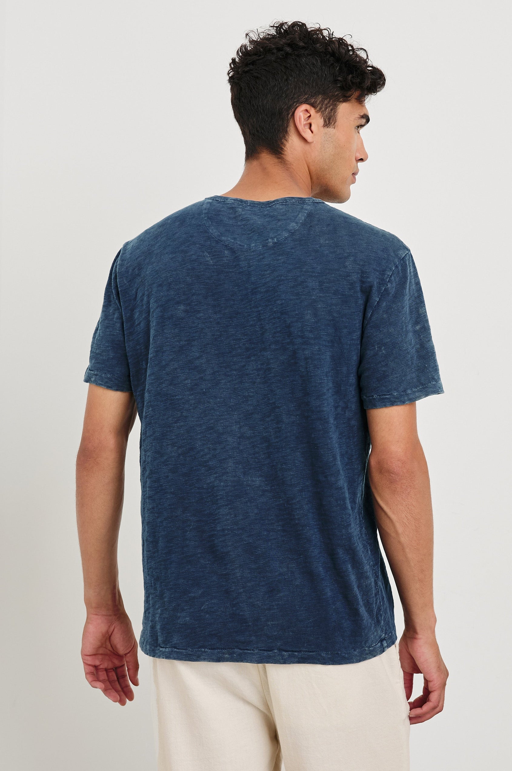 Neil cotton jersey crewneck t-shirt in Vintage Indigo - back view on model