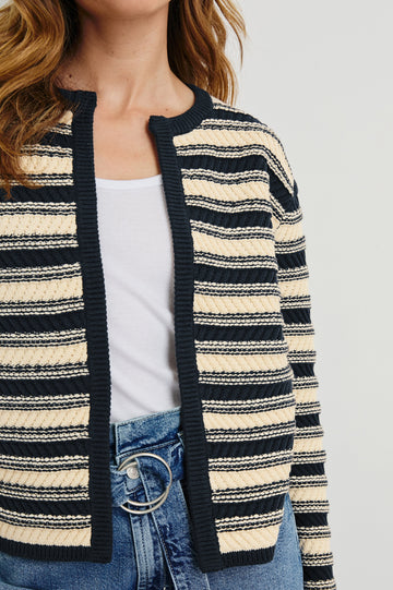 Nelly Long-Sleeve Cardigan with No Front Closure in Navy Oat Stripe Colorway, Horizontal Stripes with Navy trim - Front View Featured on Model