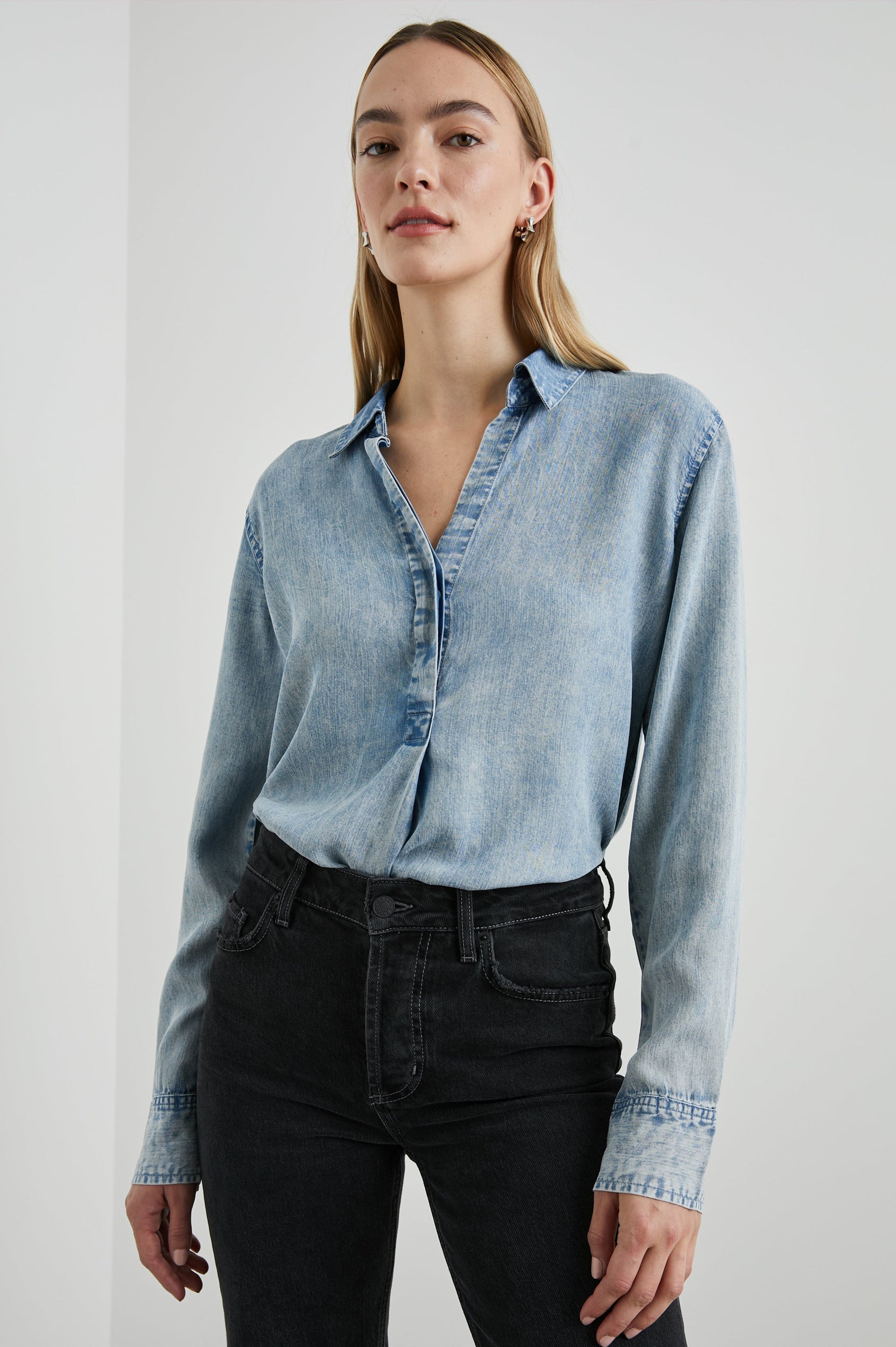 Nissa Long-Sleeve Top with a Partially Sealed Placket, a Collar and Button Cuffs in Med Vintage Cloud Wash Colorway - Front Tucked Full Body View Featured on Model