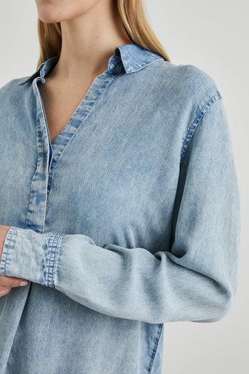 Nissa Long-Sleeve Top with a Partially Sealed Placket, a Collar and Button Cuffs in Med Vintage Cloud Wash Colorway - Front View Featured on Model