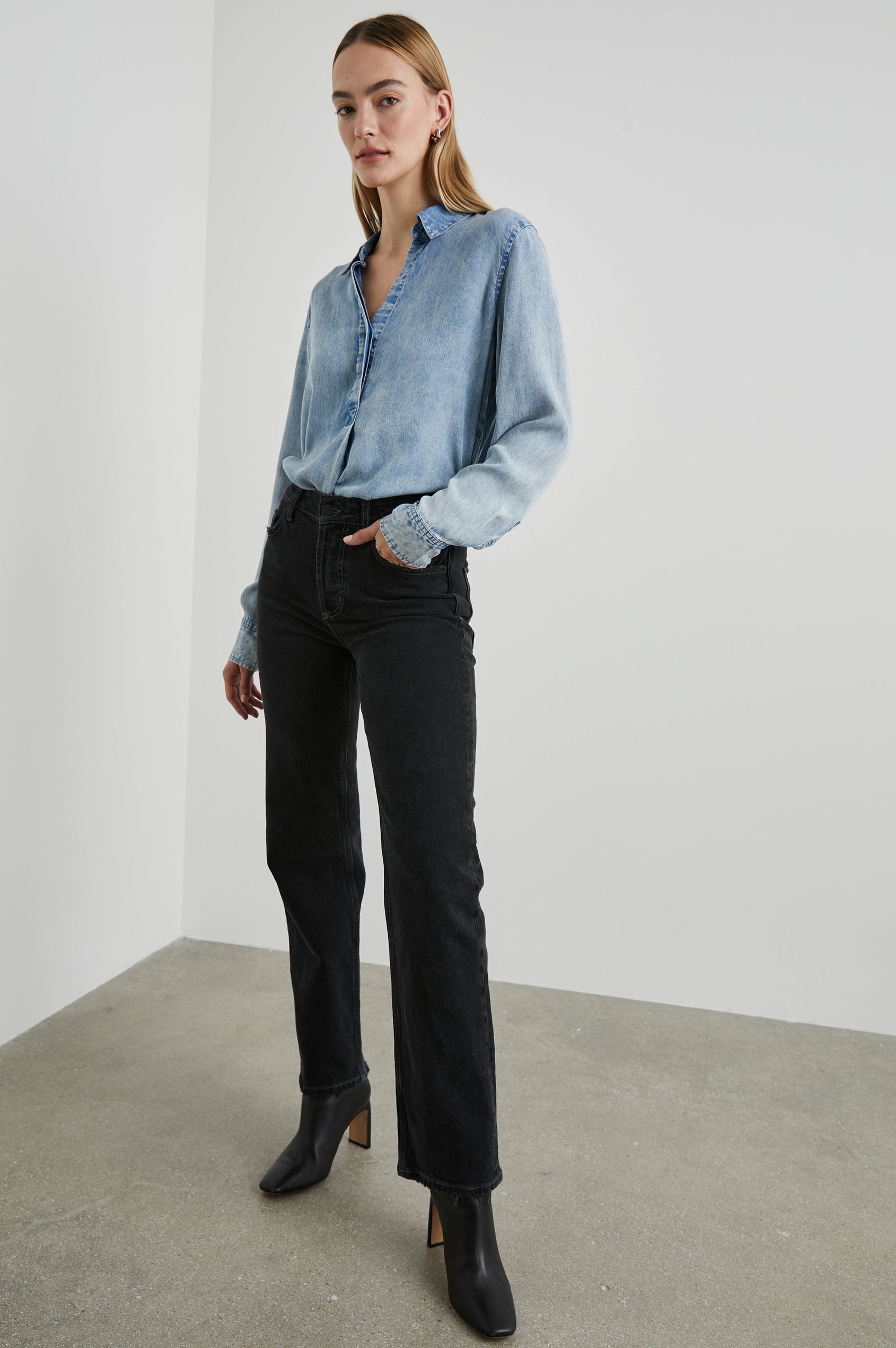 Nissa Long-Sleeve Top with a Partially Sealed Placket, a Collar and Button Cuffs in Med Vintage Cloud Wash Colorway - Front Tucked Full Body View Featured on Model
