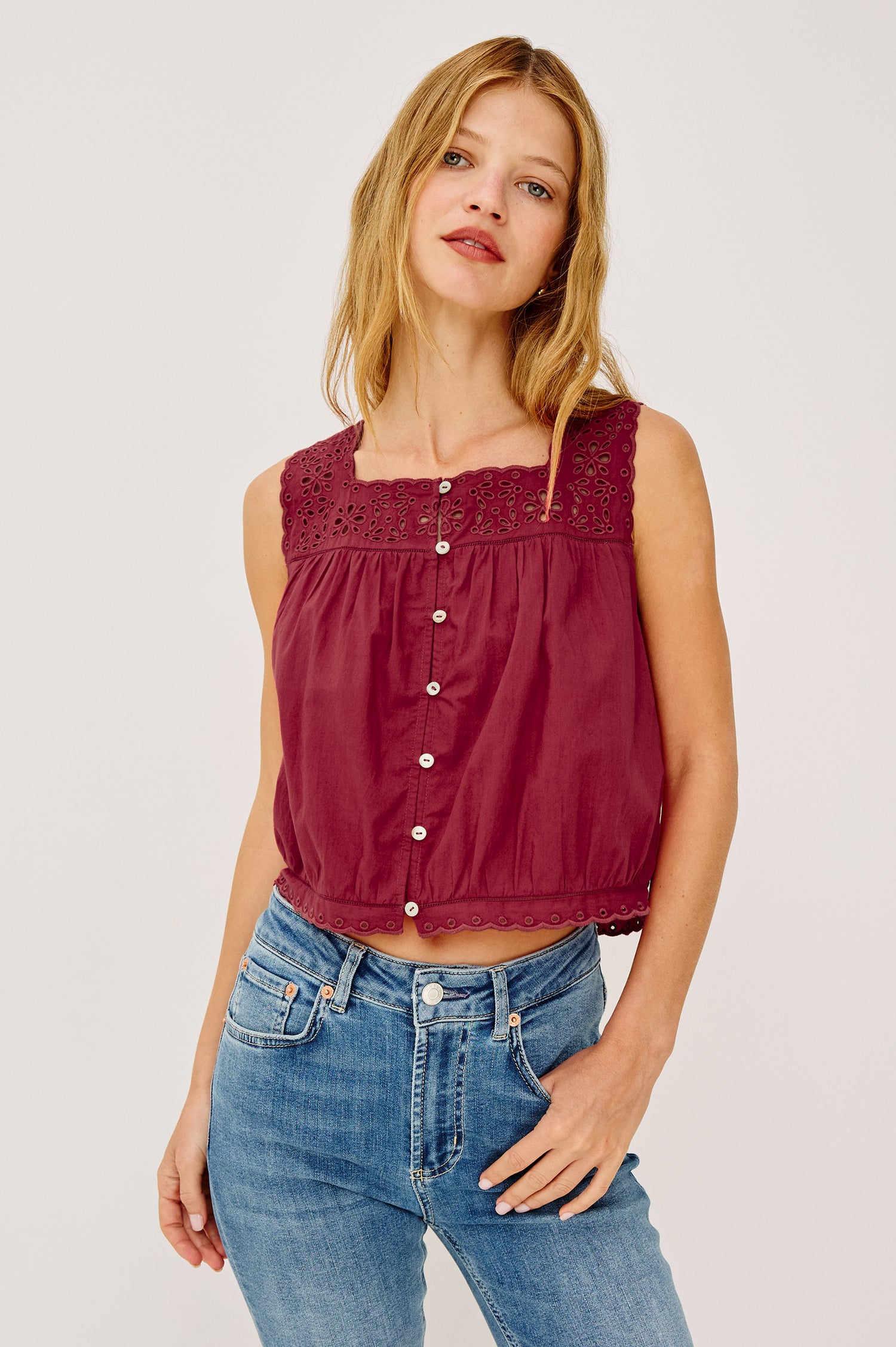 Noemi Top in Cotton Voile With Square Neck, Wide Embroidered Shoulder Straps and Yoke, Front Button-and-Loop Closures, Cropped Boxy Fit, and Ladder Trim in Spice Colorway - Upper Body Front View Featured on Model