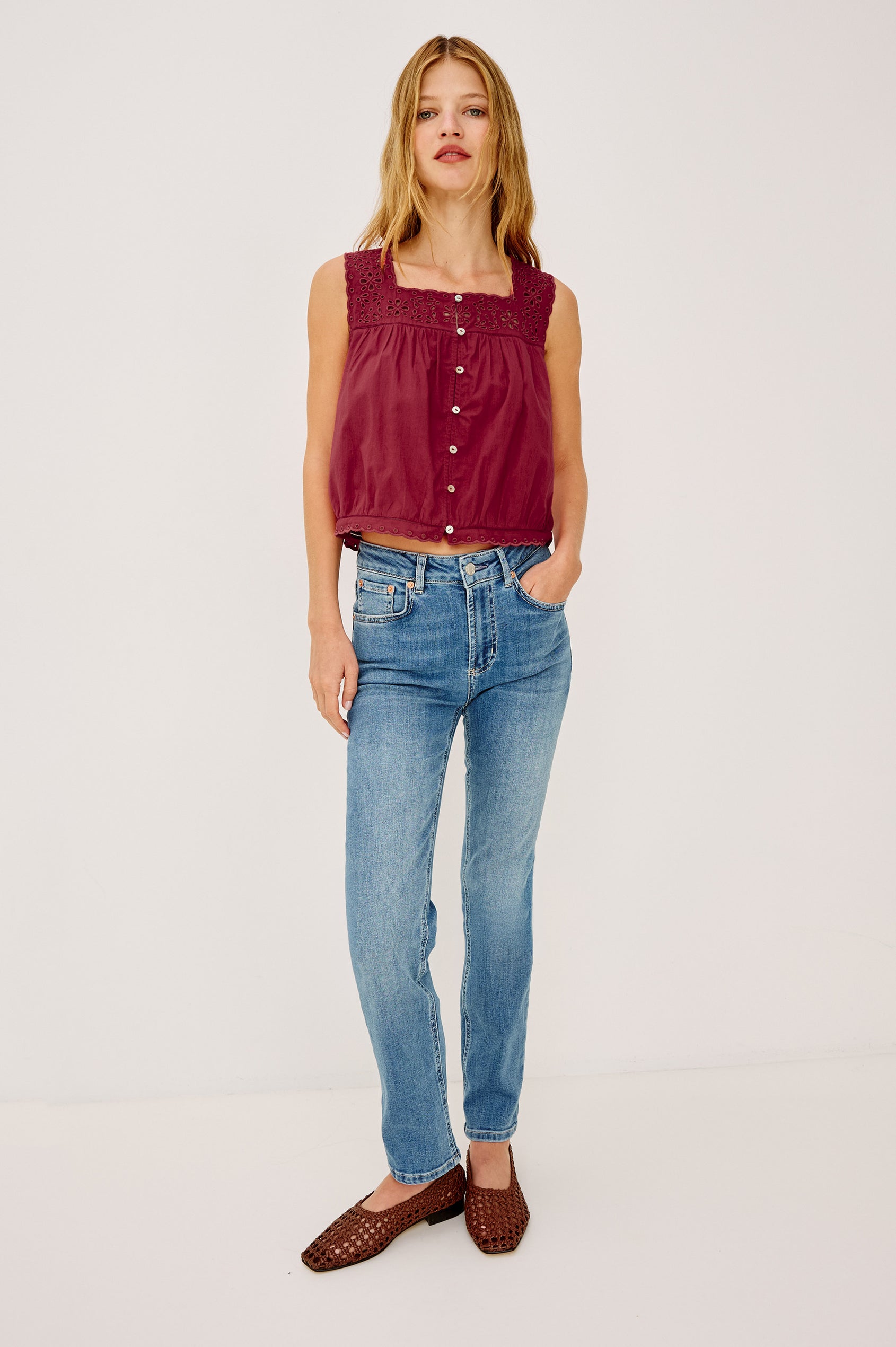Noemi Top in Cotton Voile With Square Neck, Wide Embroidered Shoulder Straps and Yoke, Front Button-and-Loop Closures, Cropped Boxy Fit, and Ladder Trim in Spice Colorway - Full Body Front View Featured on Model