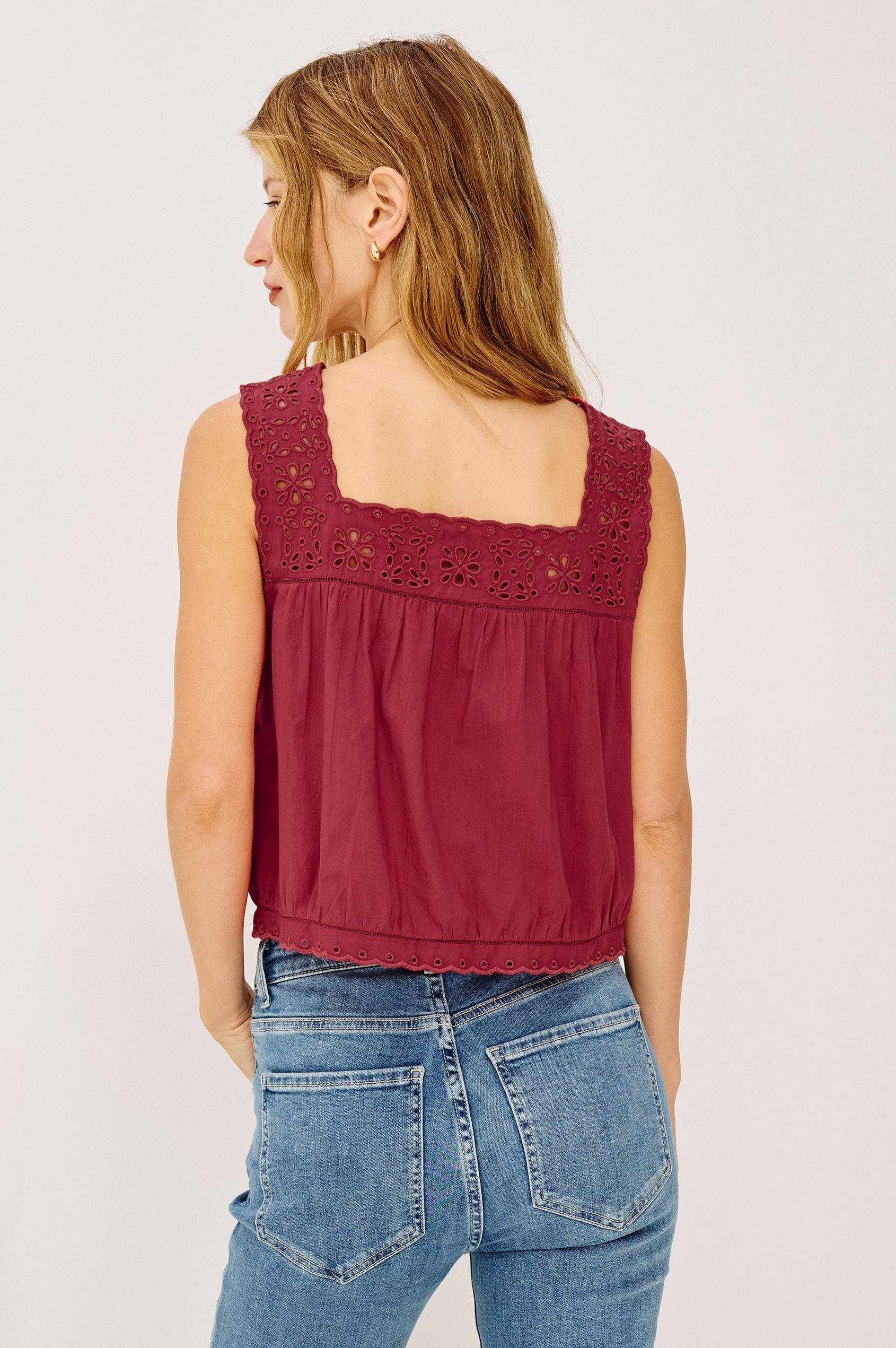 Noemi Top in Cotton Voile With Square Neck, Wide Embroidered Shoulder Straps and Yoke, Front Button-and-Loop Closures, Cropped Boxy Fit, and Ladder Trim in Spice Colorway - Upper Body Back View Featured on Model