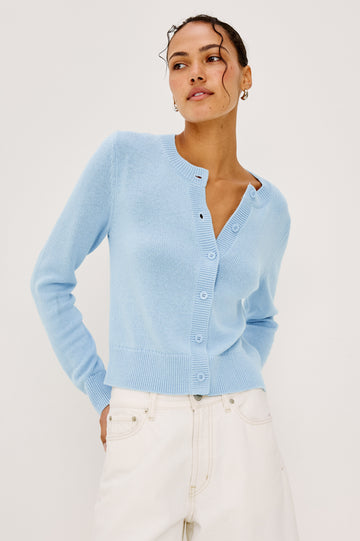 Norah Cardigan in Cotton Cashmere Blend With Crew Neck Lady Jacket Shape, Long Sleeves, Front Buttons, and Ribbed Trim in Sky Colorway - Upper Body Front View Featured on Model