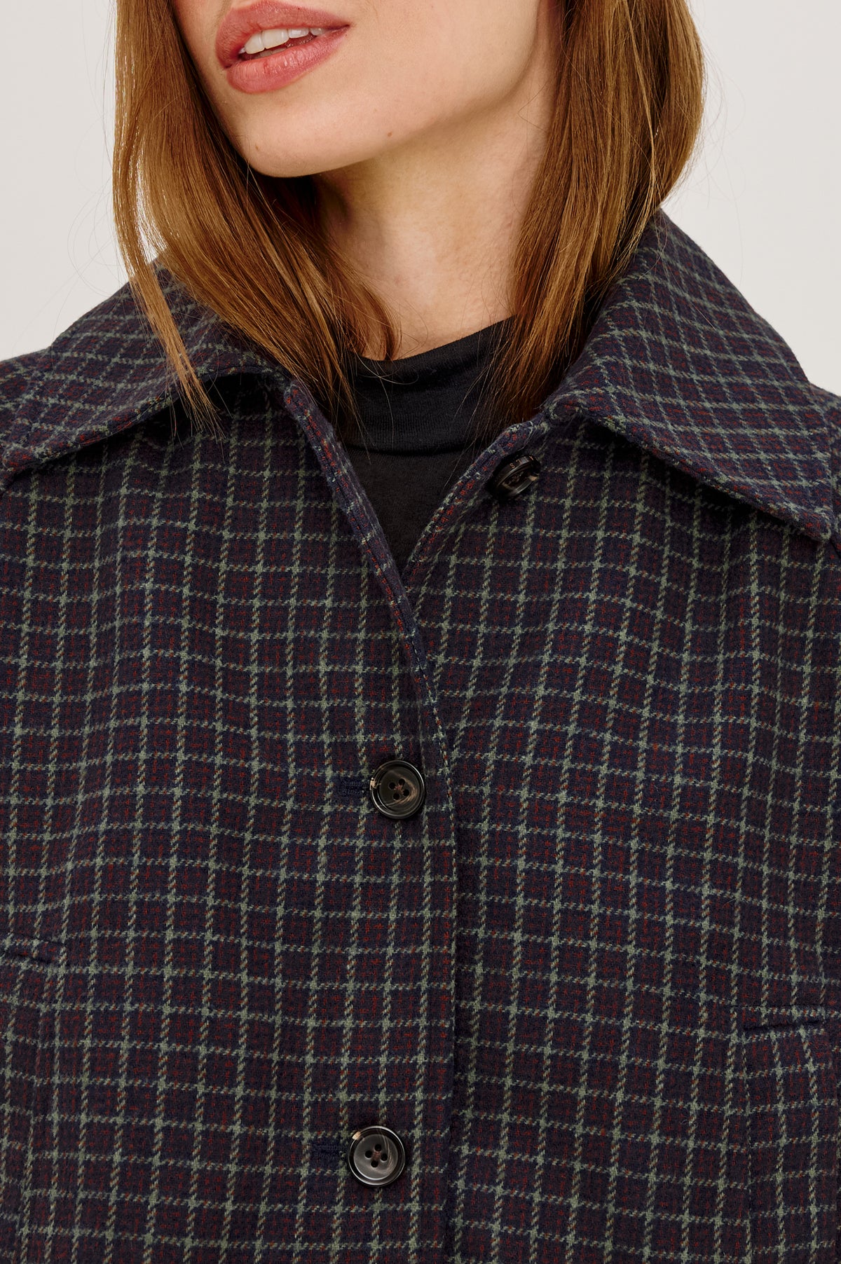 North Jacket in Wool Blend With Cropped, Boxy Fit, Drawcord Hem, Oversized Collar, Front Buttons, and Welt Pockets in Mulberry Check Colorway - Upper Body Front Detail View Featured on Model.
