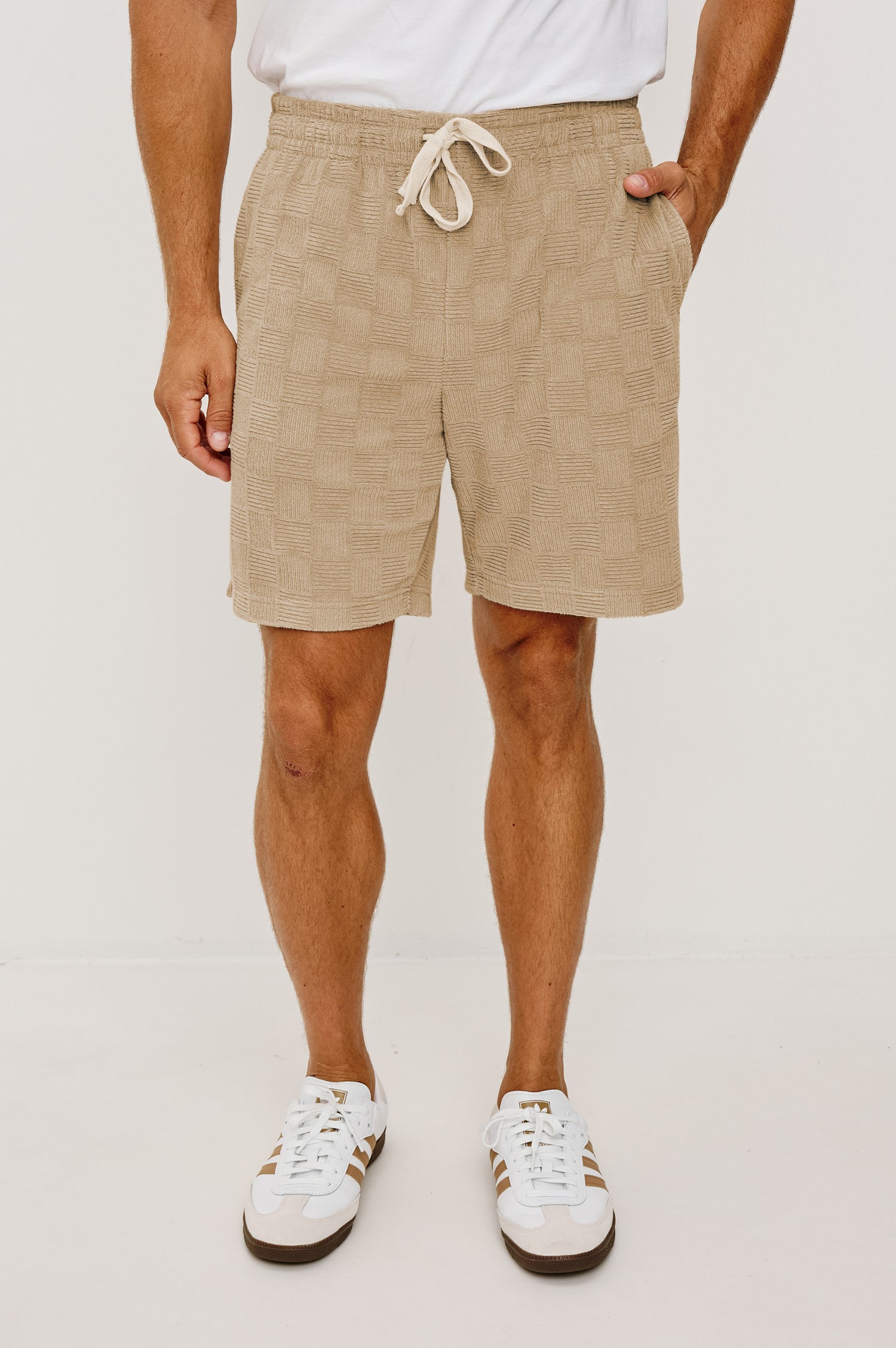 Nova Short in French Terry With Raised Jacquard Pattern, Side Pockets, and Drawstring Waist Ties in Grange Craft Paper Colorway - Lower Body Front View Featured on Model