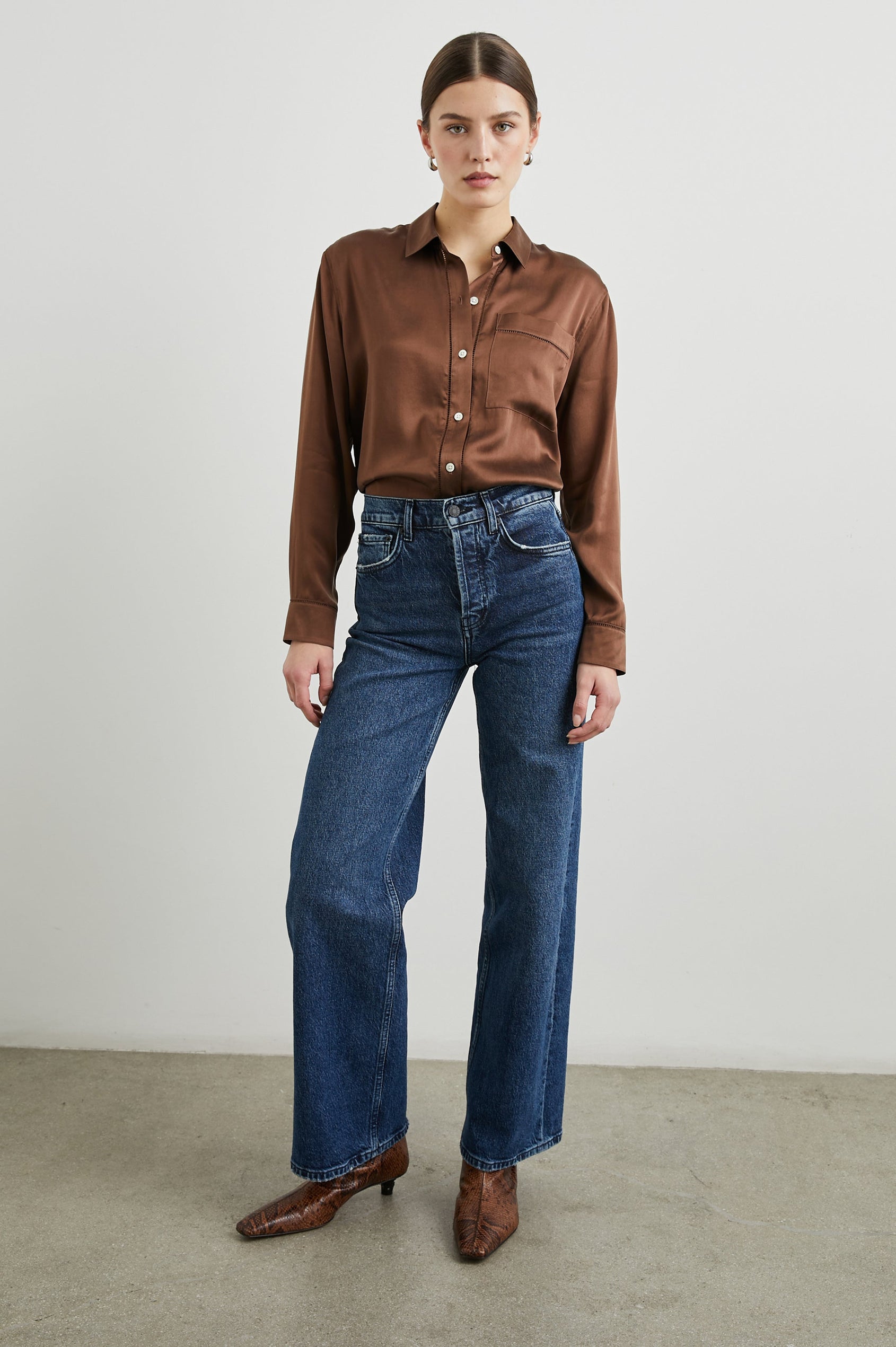 Oak Long-Sleeve Button Up with a Chest Patch Pocket in Espresso Colorway - Front Full Body View Featured on Model