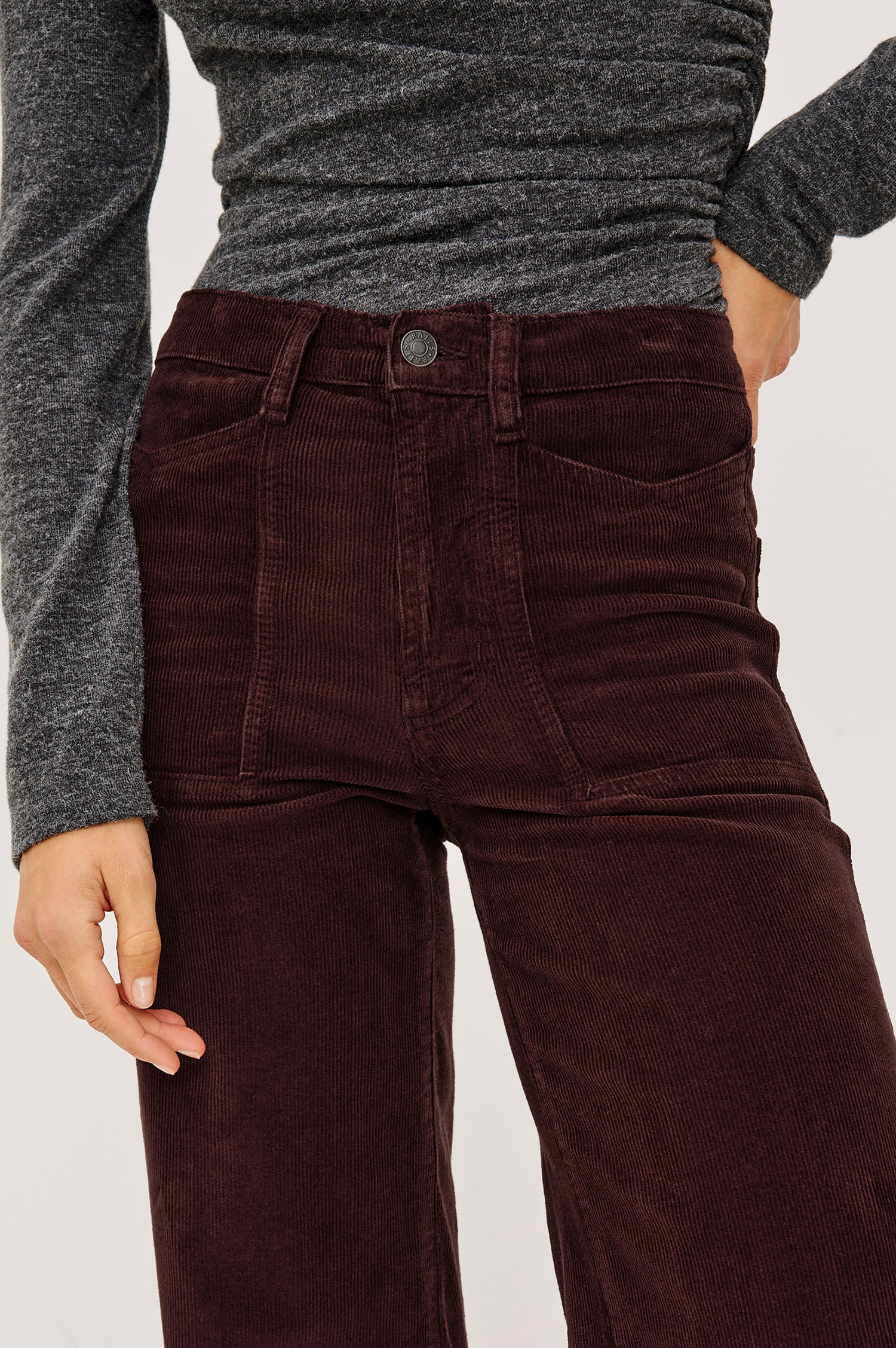 Olivos Palazzo Jean in Super Stretch Denim With High-Rise, Wide Legs, 5-Pockets, and Zip Fly in Hickory Colorway - Mid Body Front View Featured on Model