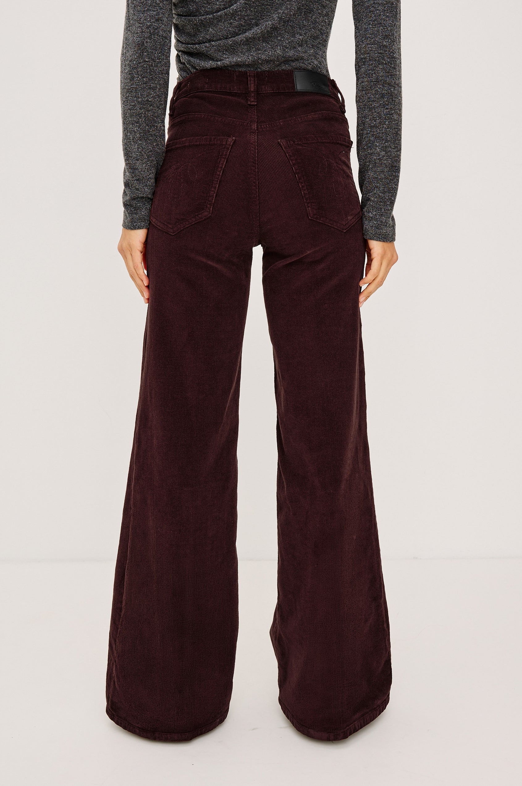 Olivos Palazzo Jean in Super Stretch Denim With High-Rise, Wide Legs, 5-Pockets, and Zip Fly in Hickory Colorway - Lower Body Back View Featured on Model