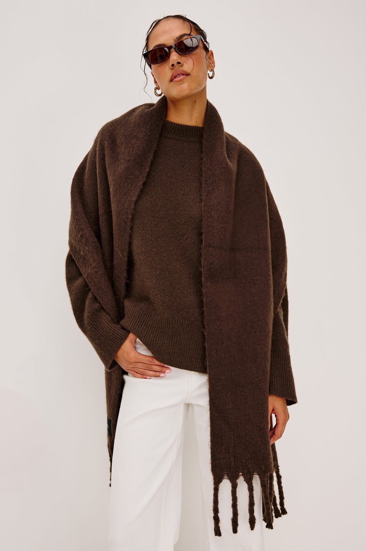 Oslo Wide Oversized Scarf in Brushed Poly With Fringe Detailing in Walnut Colorway - Upper Body Front View Featured on Model