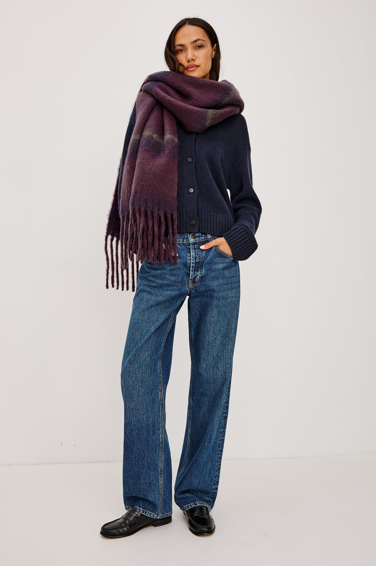 Oslo Scarf in Brushed Polyester Knit With Oversized Shape and Fringe Trim in Wine Indigo Stripe Colorway - Full Body Front View Featured on Model.