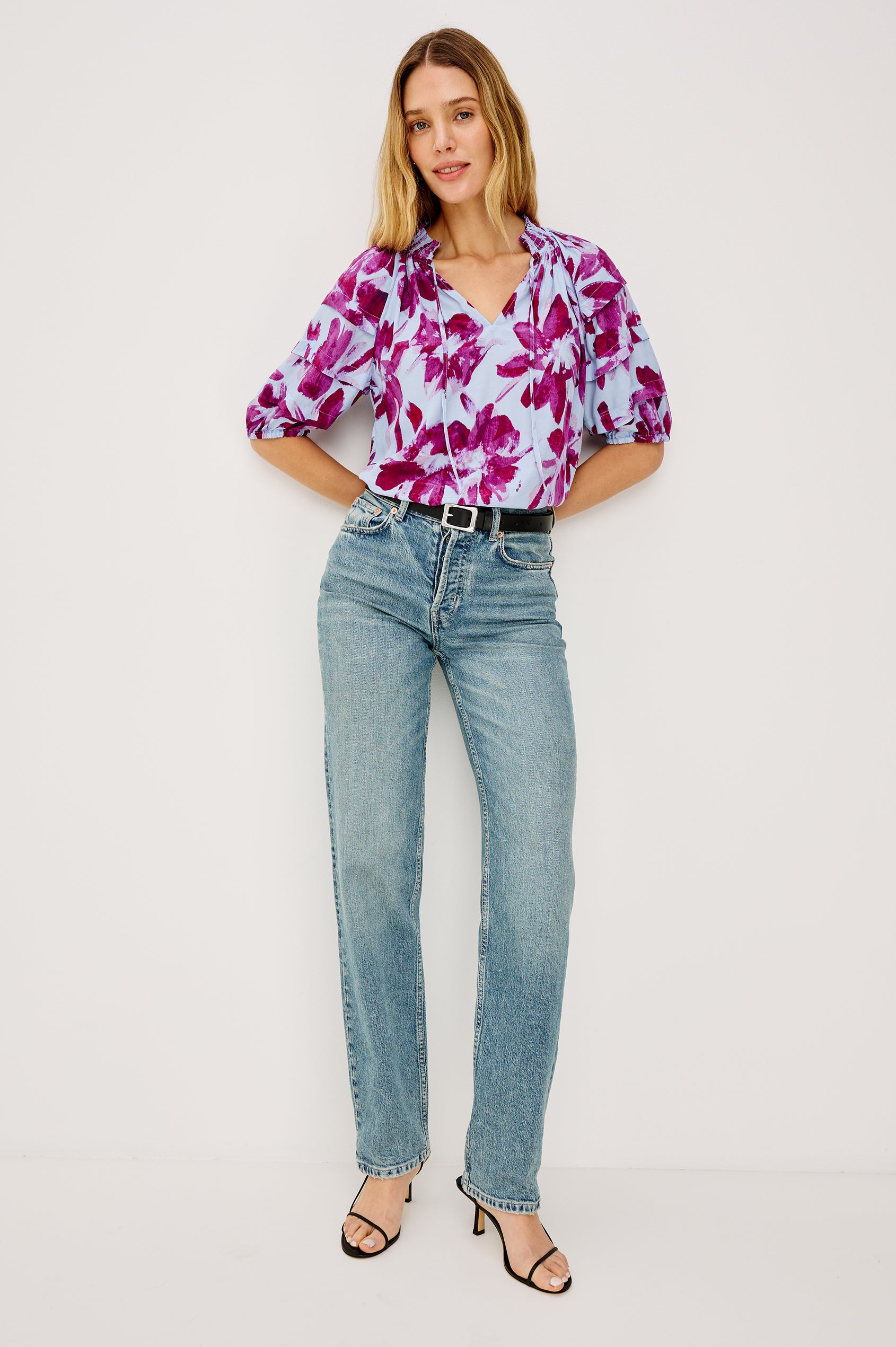 Paris Short-Sleeve Top with Shirred Collar, V-neckline with Ties, Deep Pleats on Sleeves and Elastic at the Sleeve Opening in Blue Lily Colorway, Blues and Pink- Front View Featured on Model