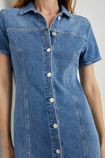 Pasadena Short-Sleeve Denim Mini Dress with a Full Button Front in Cadet Blue Colorway - Front View Featured on Model 