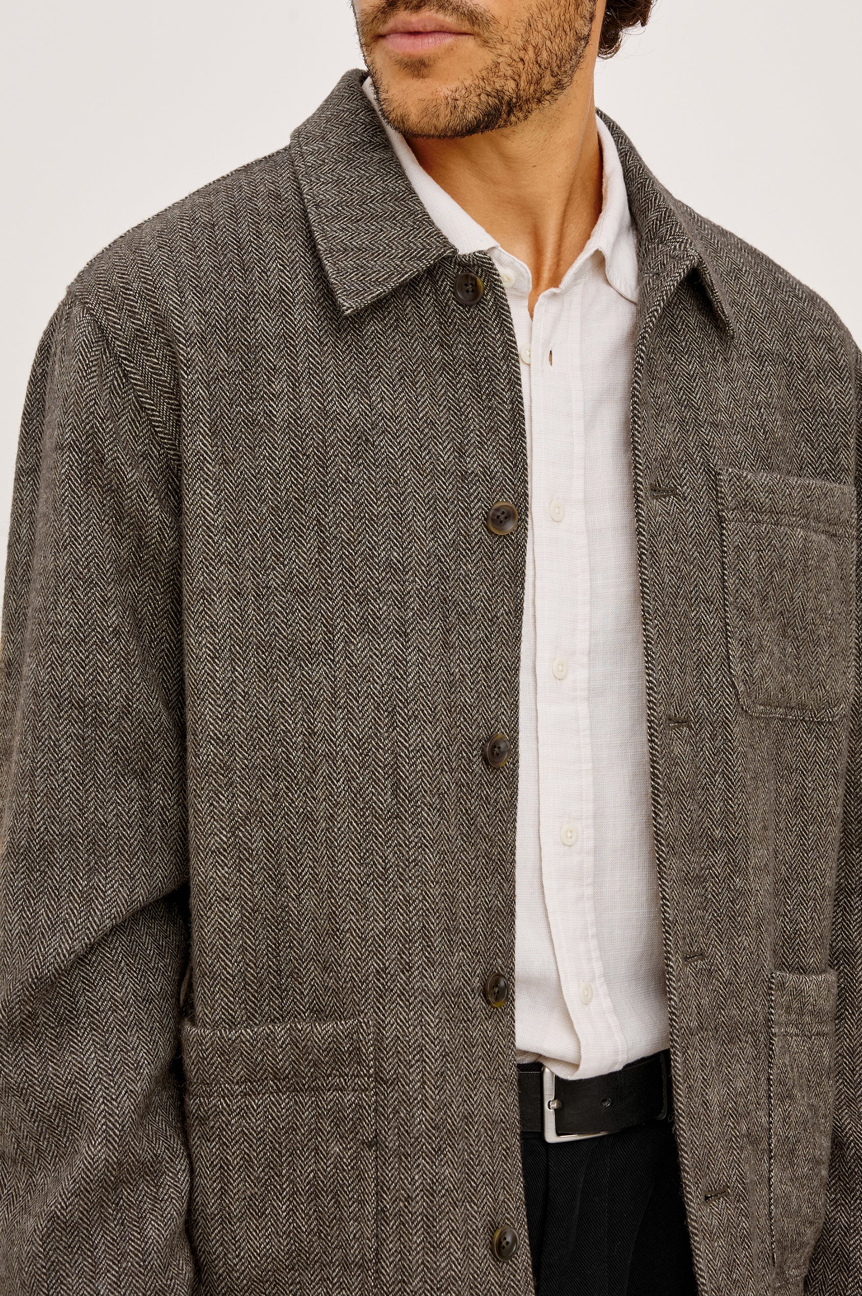 Pascal Chore Jacket in Wool Blend Tweed WIth Collar, Front Buttons, Long Sleeves, Front Patch Pockets, and Fully Lined in Highland Tweed Colorway - Upper Body Front View Featured on Model