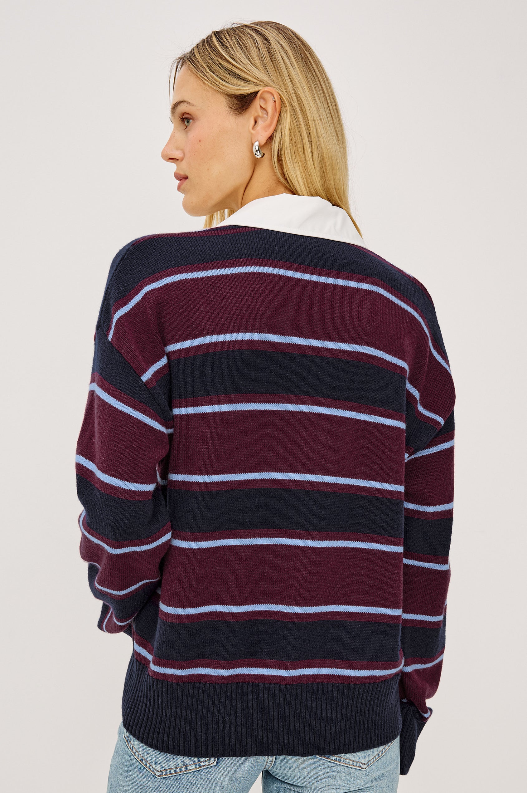 Paxton Sweater in Cotton-Cashmere Blend With Poplin Collar, 4-Button Placket, Relaxed Fit, and Ribbed Trim in Boysenberry Stripe Colorway - Upper Body Back View Featured on Model