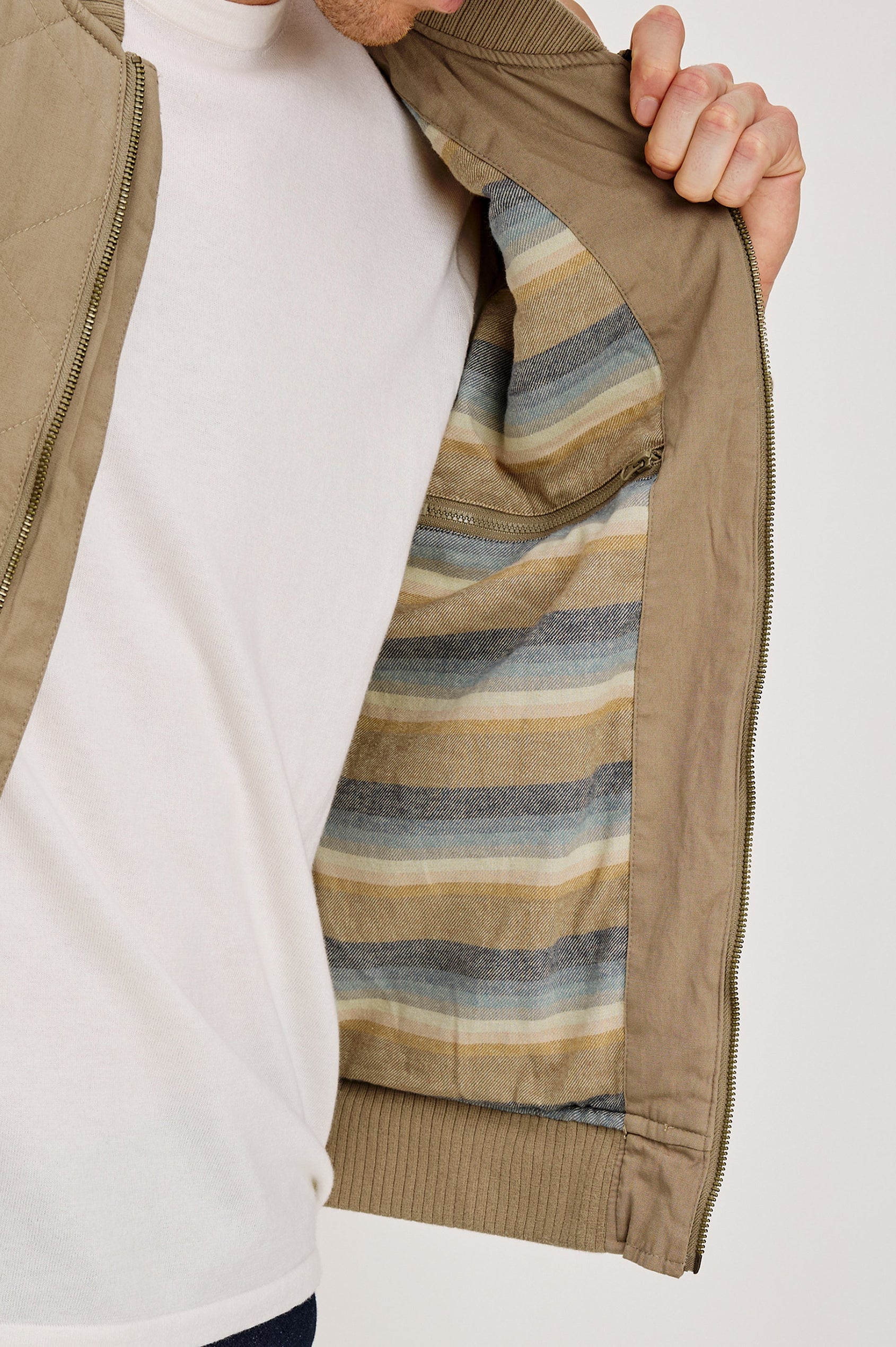 Peninsula Jacket with Zip Closure, Two Front Pockets, an Inner Zippered Pocket, a Quilted Pattern and Ribbed Trim in Vintage Khaki Colorway - Inside View Featured on Model