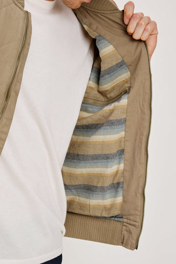 Peninsula Jacket with Zip Closure, Two Front Pockets, an Inner Zippered Pocket, a Quilted Pattern and Ribbed Trim in Vintage Khaki Colorway - Inside View Featured on Model