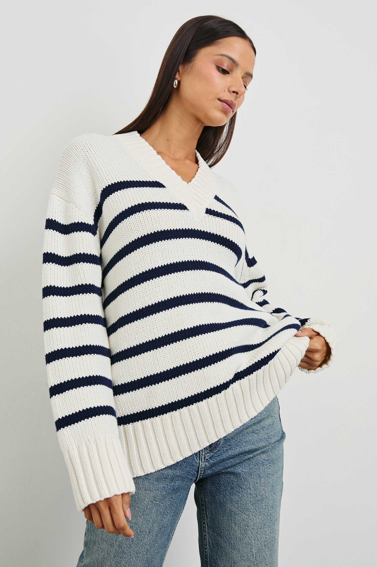 Penny Long-Sleeve, V Neck Sweater with Ribbed Trim in Ivory Navy Stripe Colorway, Horizontal Stripes - Front View Featured on Model 