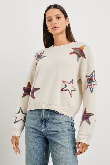 Perci Long-Sleeved Sweater with Crew Neck and Ribbed Trim in Ivory Rainbow Multi Stars Colorway, Rainbow Stars on Ivory - Front View Featured on Model