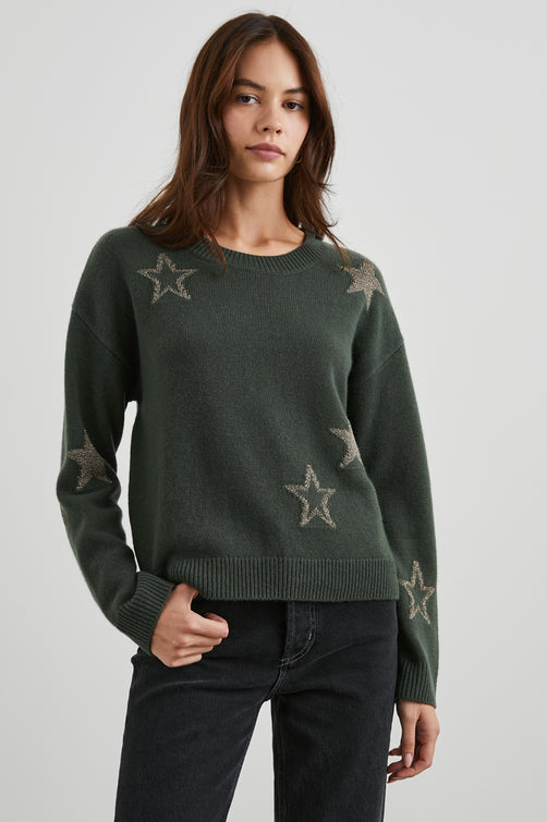 PERCI OLIVE GOLD STARS SWEATER - FRONT
