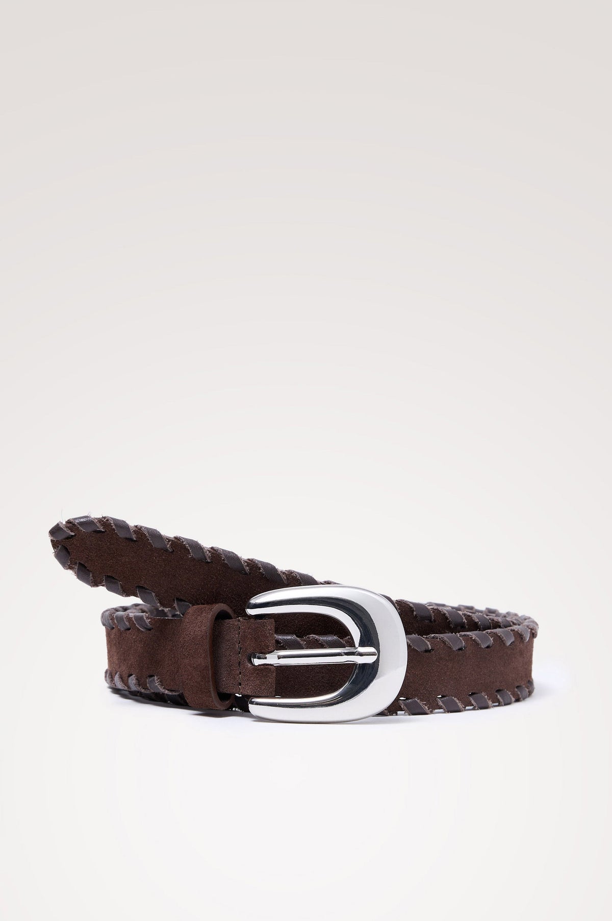 Phoenix Belt in Suede With Braided Trim, Rounded Buckle, and 7-Hole Adjustability in Dark Brown Suede Silver Colorway - Front Product View Featured