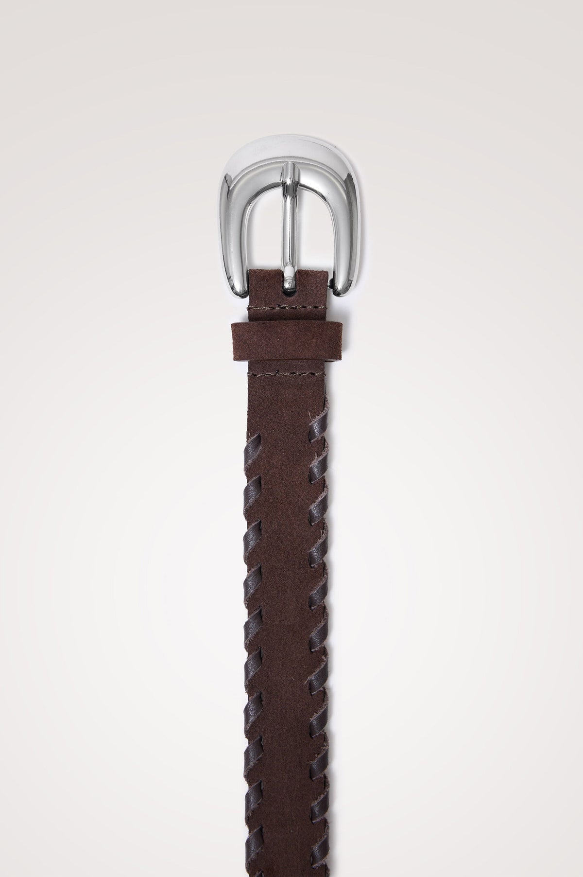 Phoenix Belt in Suede With Braided Trim, Rounded Buckle, and 7-Hole Adjustability in Dark Brown Suede Silver Colorway - Top Product View Featured