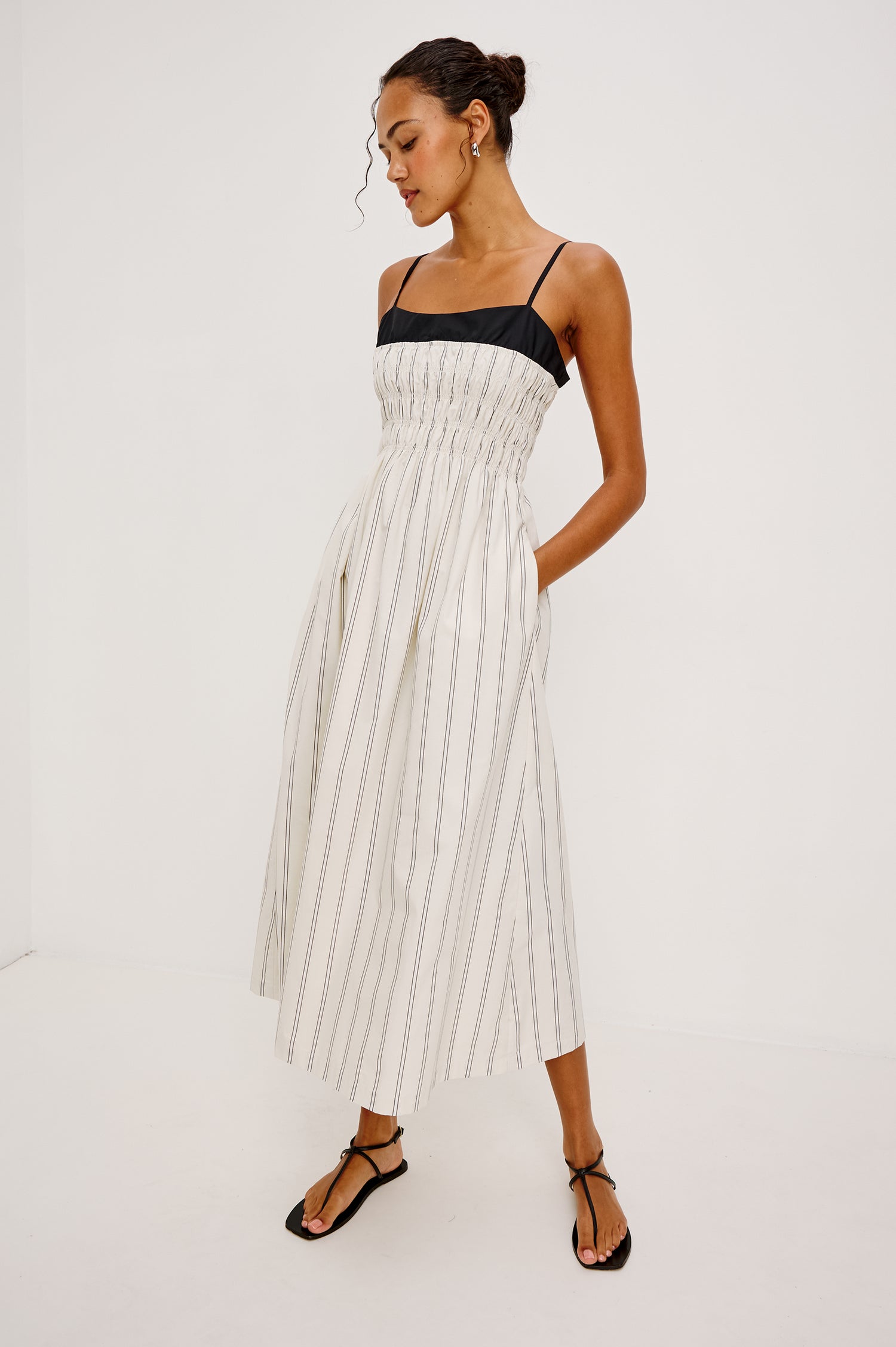 Primrose Maxi Dress in Cotton Poplin With Adjustable Shoulder Straps Smocked Bodice in Palma Stripe Colorway - Full Body Front View Featured on Model